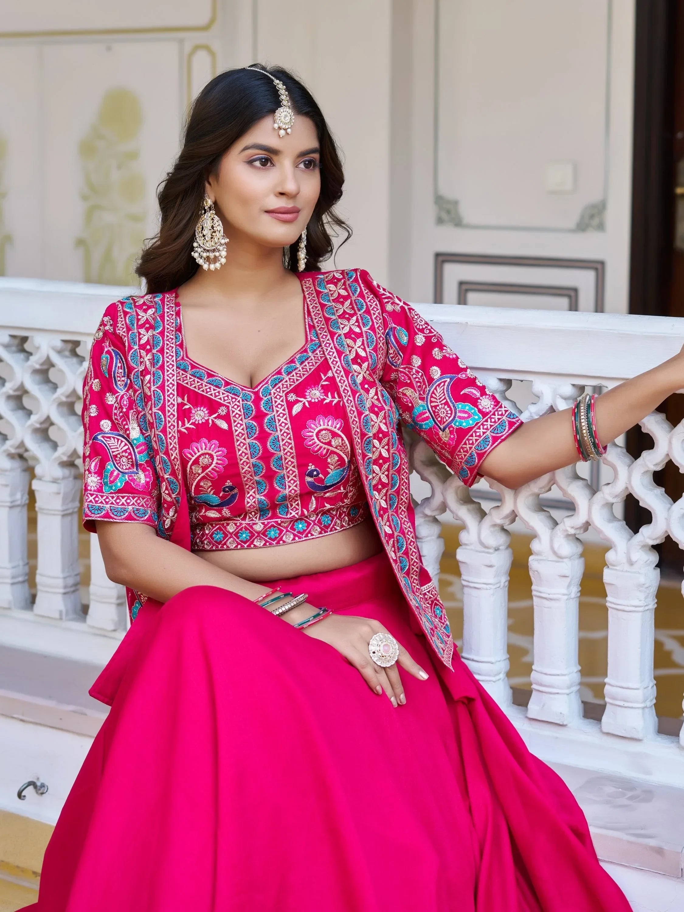 Stylish Pink Embroidered Silk Festive Wear Lehenga Choli With Jacket