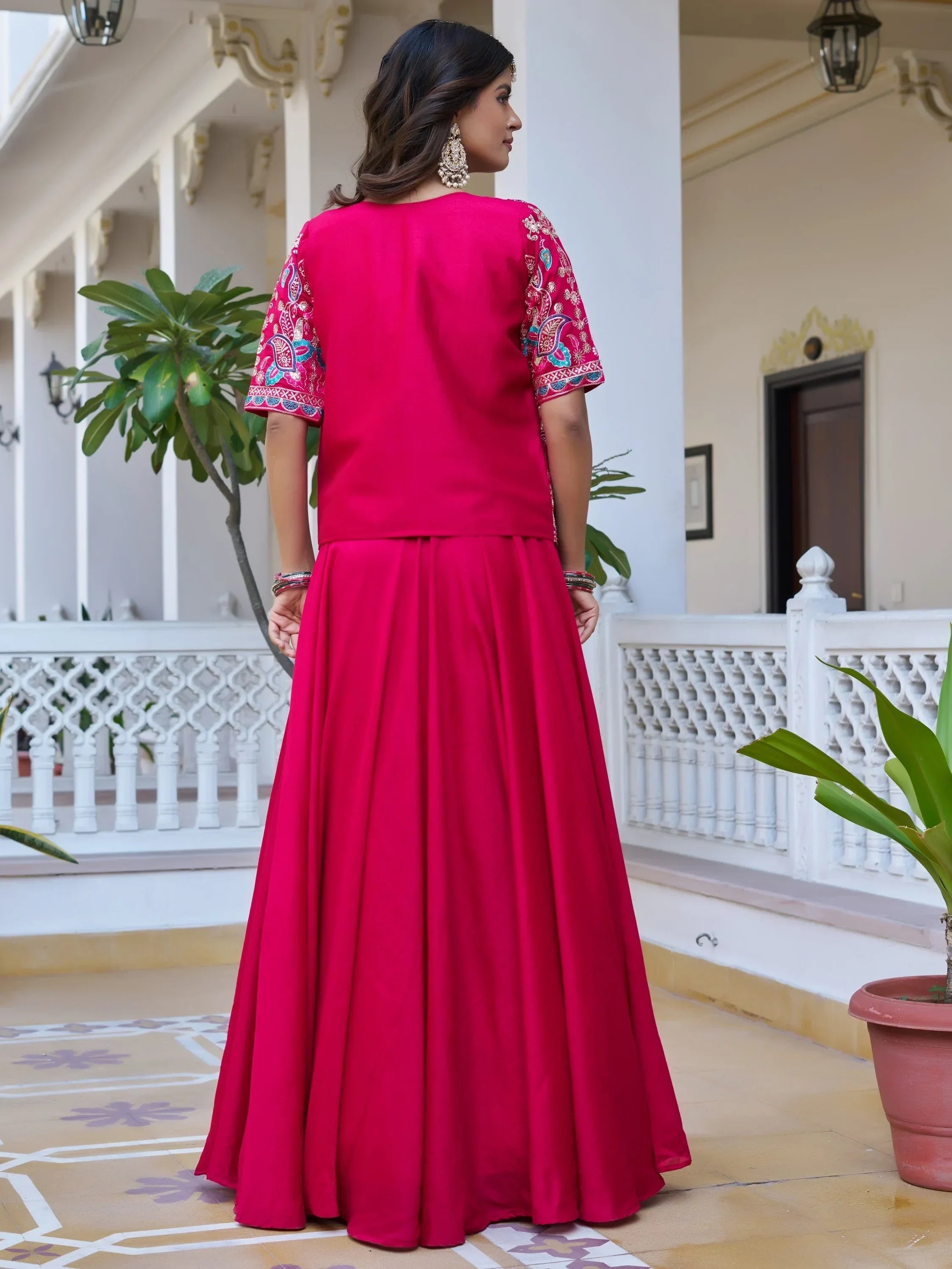 Stylish Pink Embroidered Silk Festive Wear Lehenga Choli With Jacket