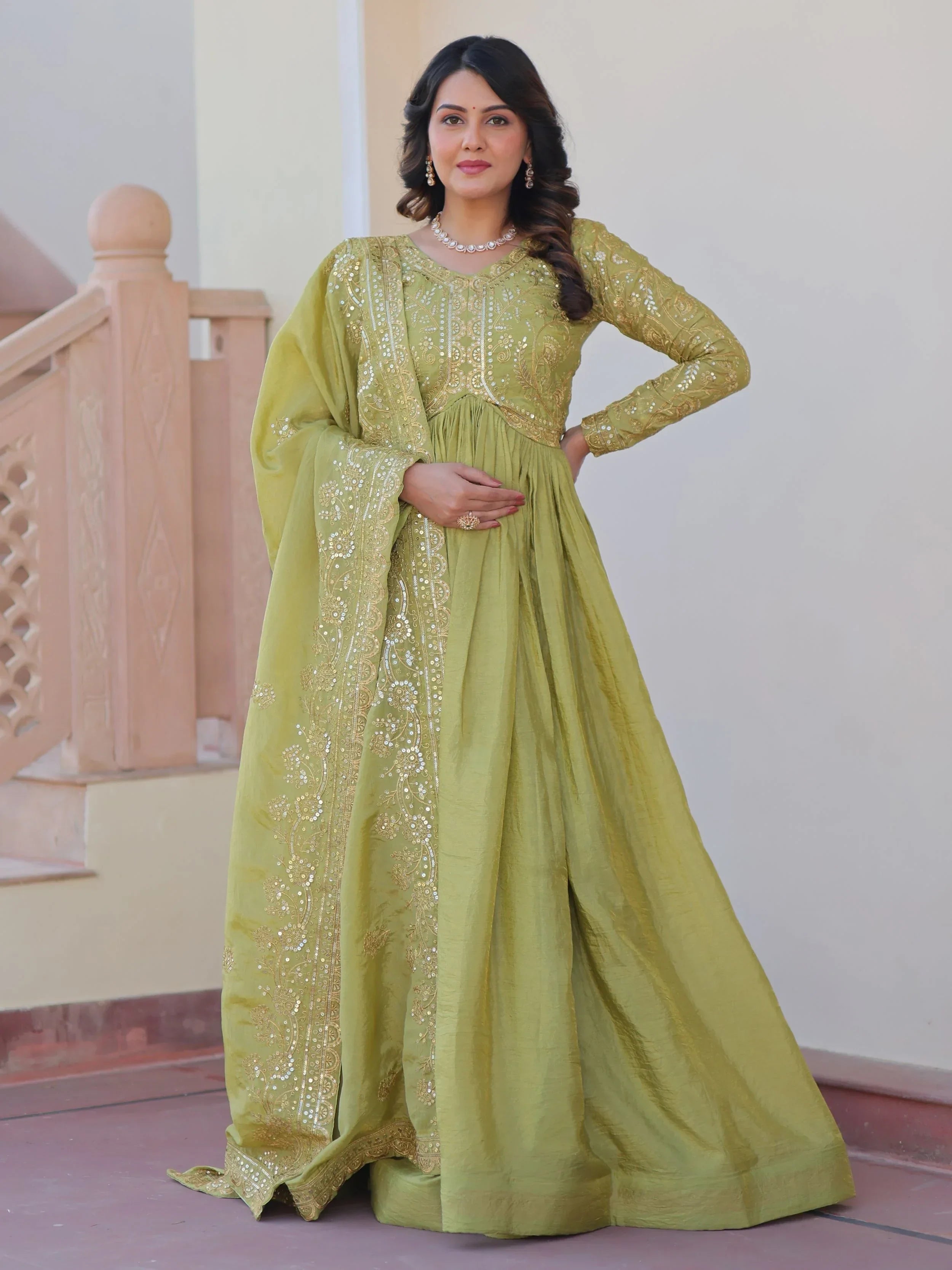 Green Mesmerizing Organza Sequins Wedding Wear Gown With Dupatta