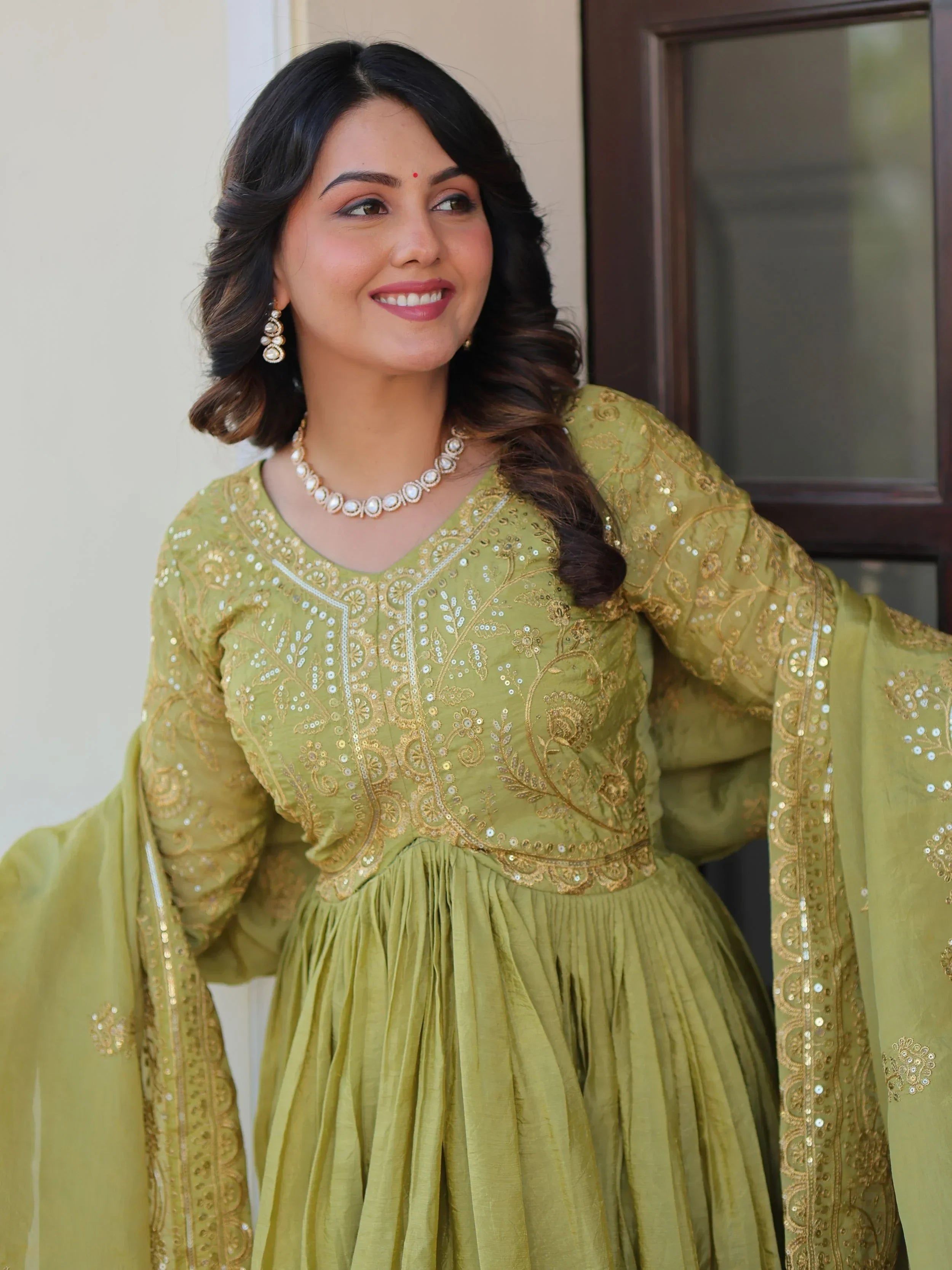 Green Mesmerizing Organza Sequins Wedding Wear Gown With Dupatta