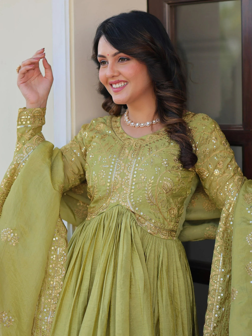 Green Mesmerizing Organza Sequins Wedding Wear Gown With Dupatta