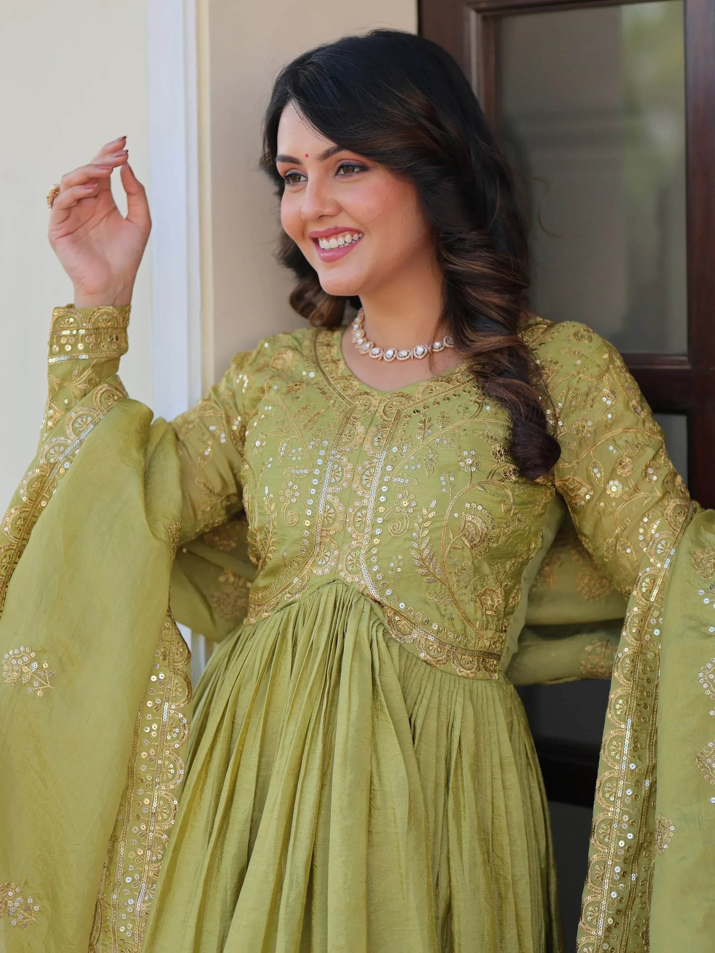 Green Mesmerizing Organza Sequins Wedding Wear Gown With Dupatta