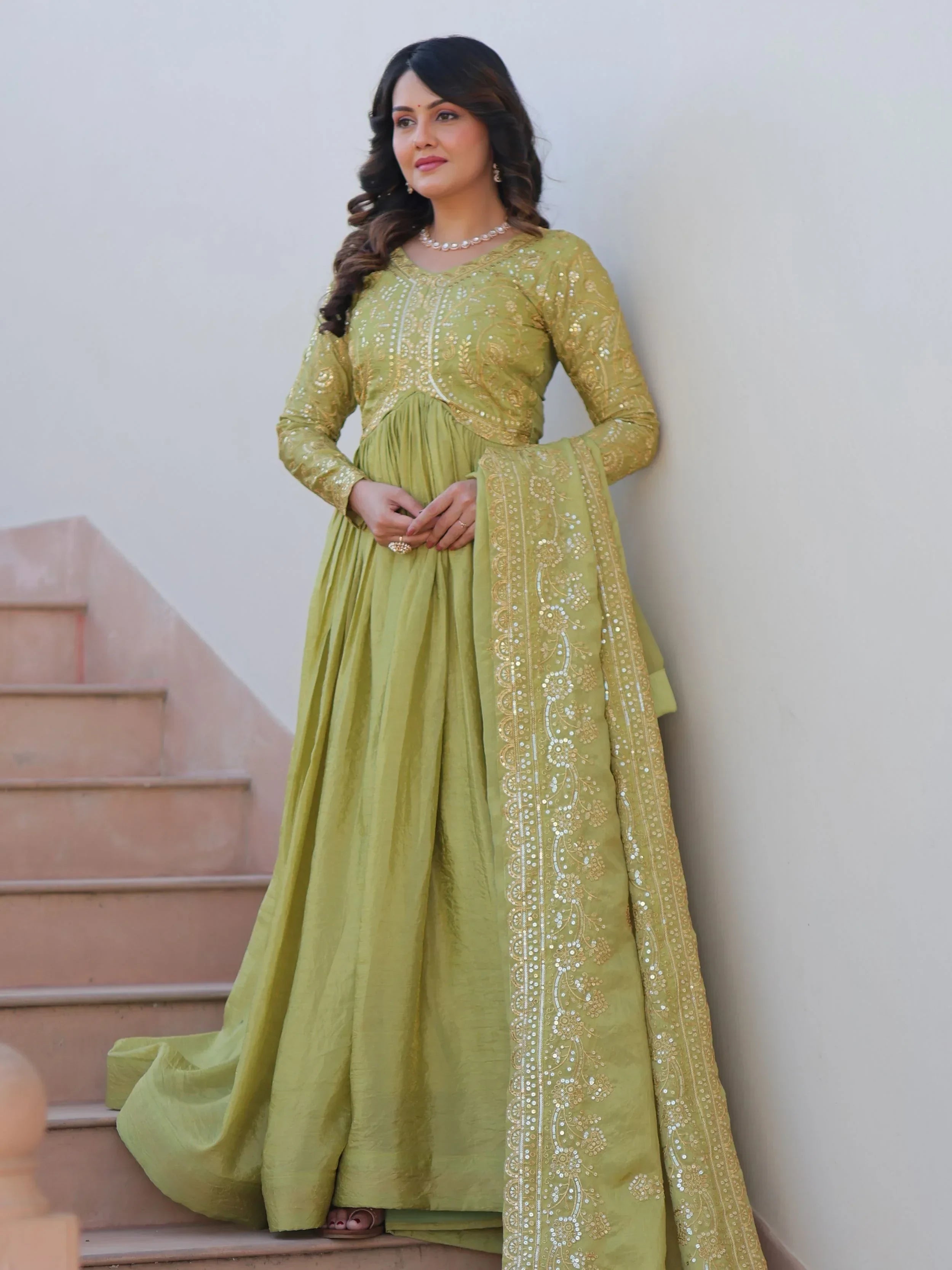 Green Mesmerizing Organza Sequins Wedding Wear Gown With Dupatta