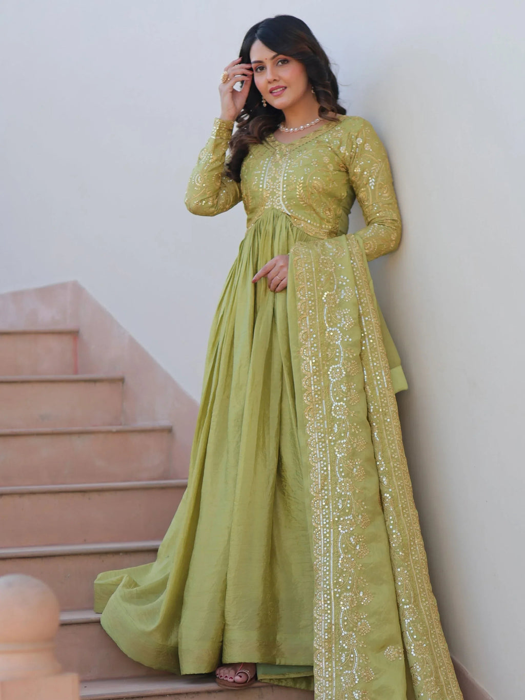 Green Mesmerizing Organza Sequins Wedding Wear Gown With Dupatta