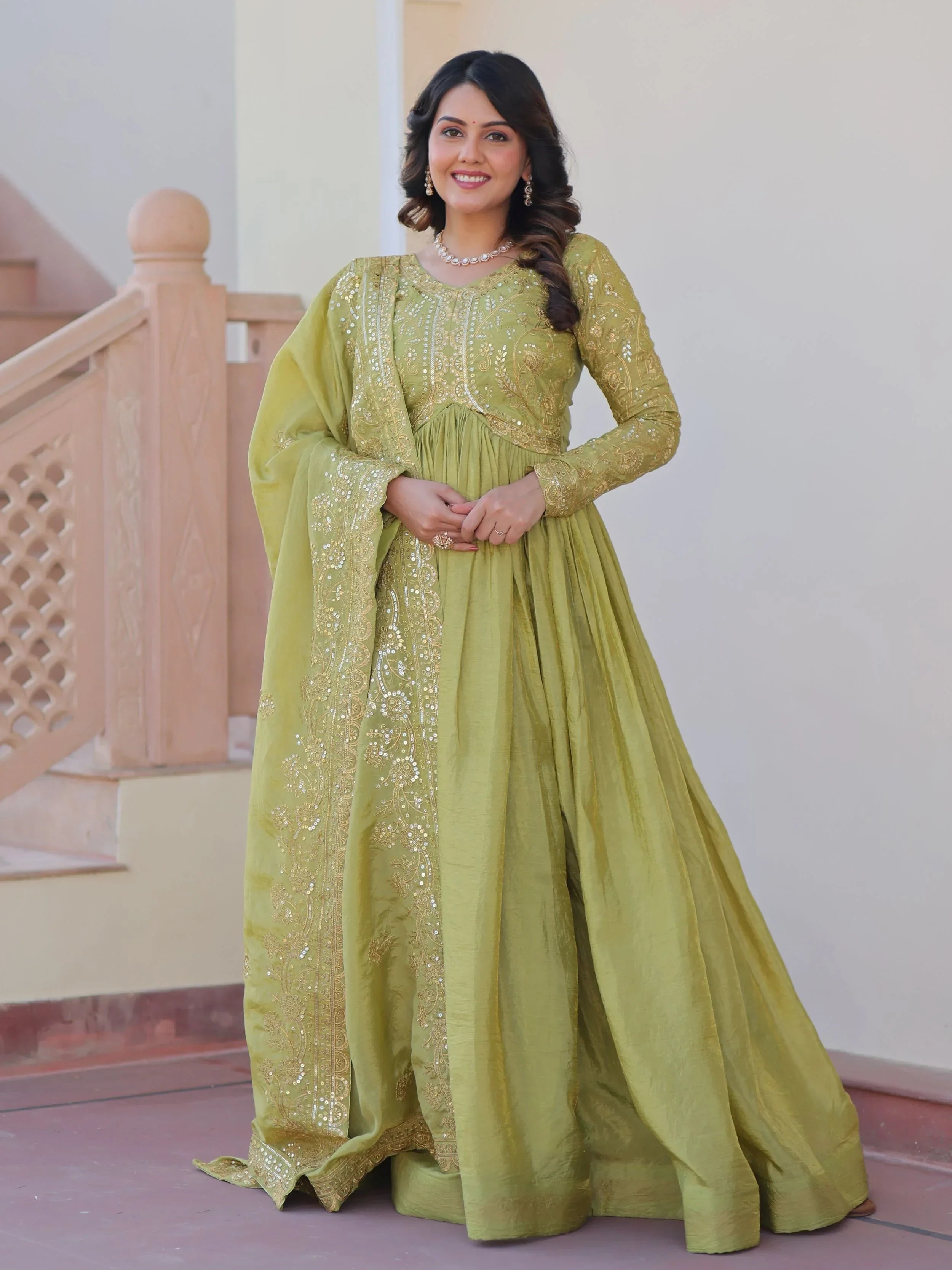 Green Mesmerizing Organza Sequins Wedding Wear Gown With Dupatta