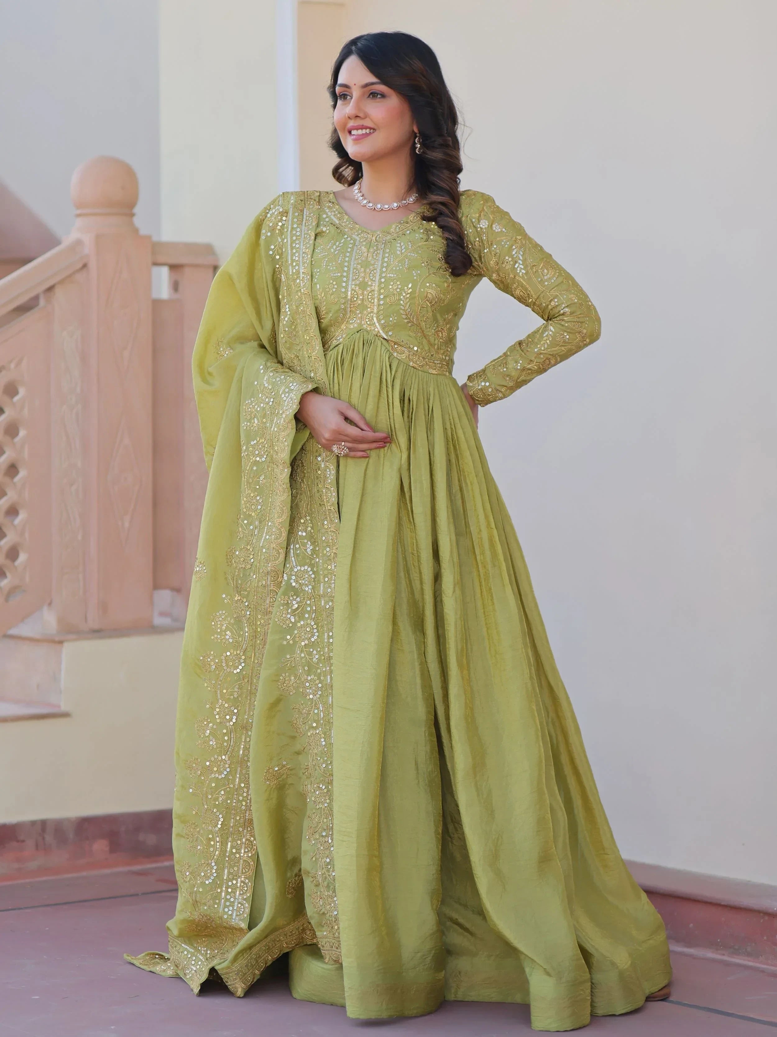 Green Mesmerizing Organza Sequins Wedding Wear Gown With Dupatta