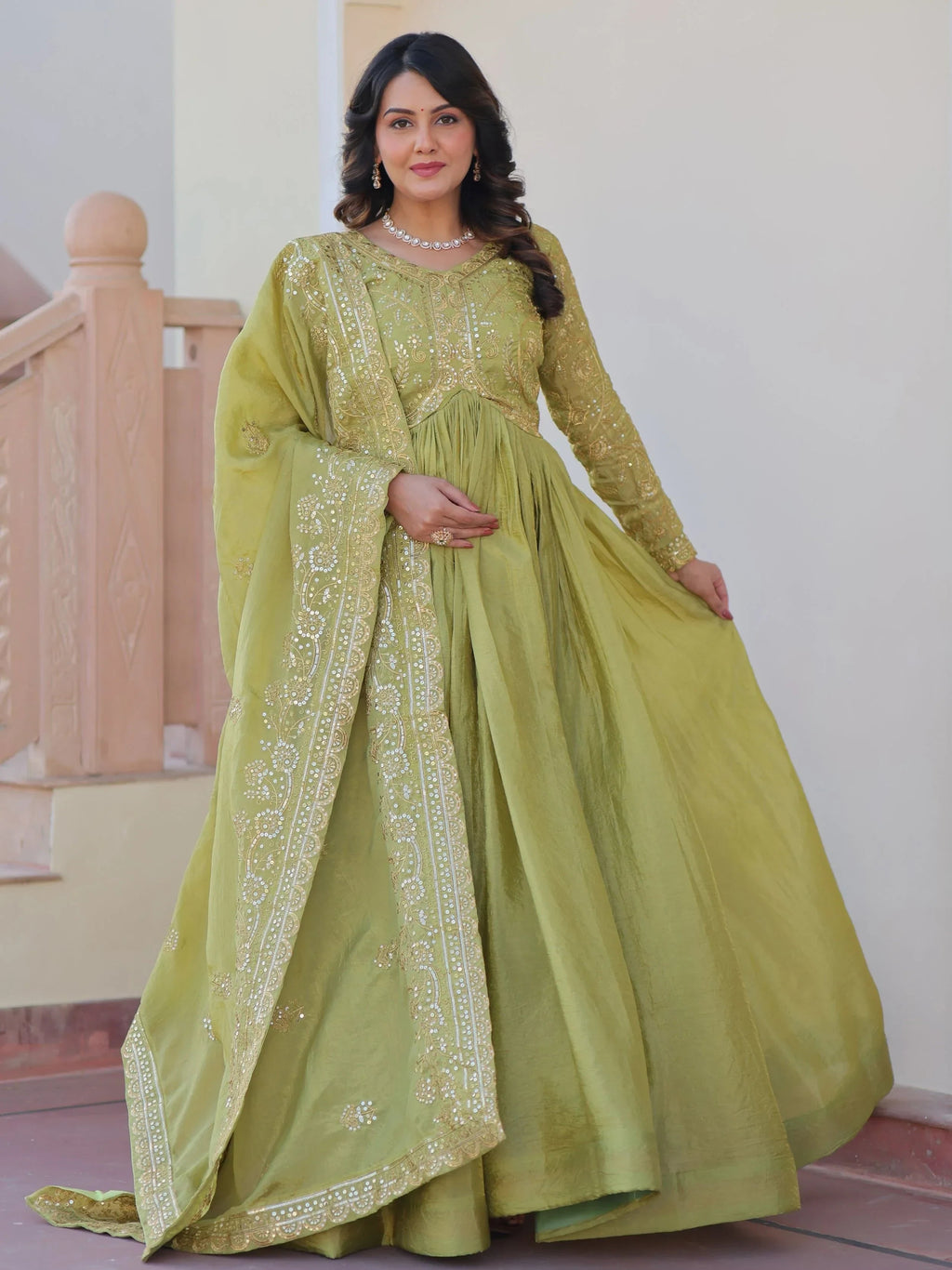 Green Mesmerizing Organza Sequins Wedding Wear Gown With Dupatta