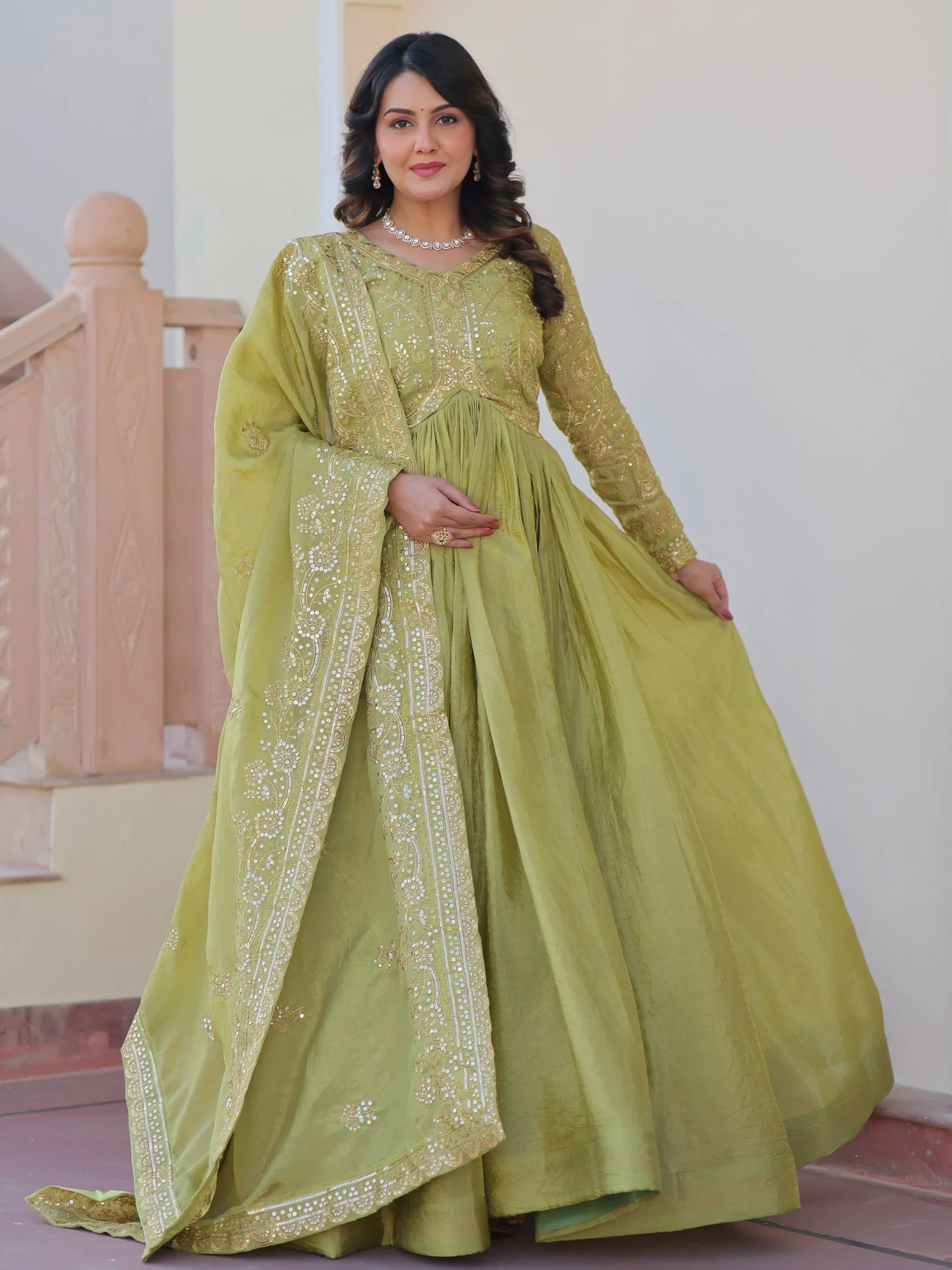 Green Mesmerizing Organza Sequins Wedding Wear Gown With Dupatta