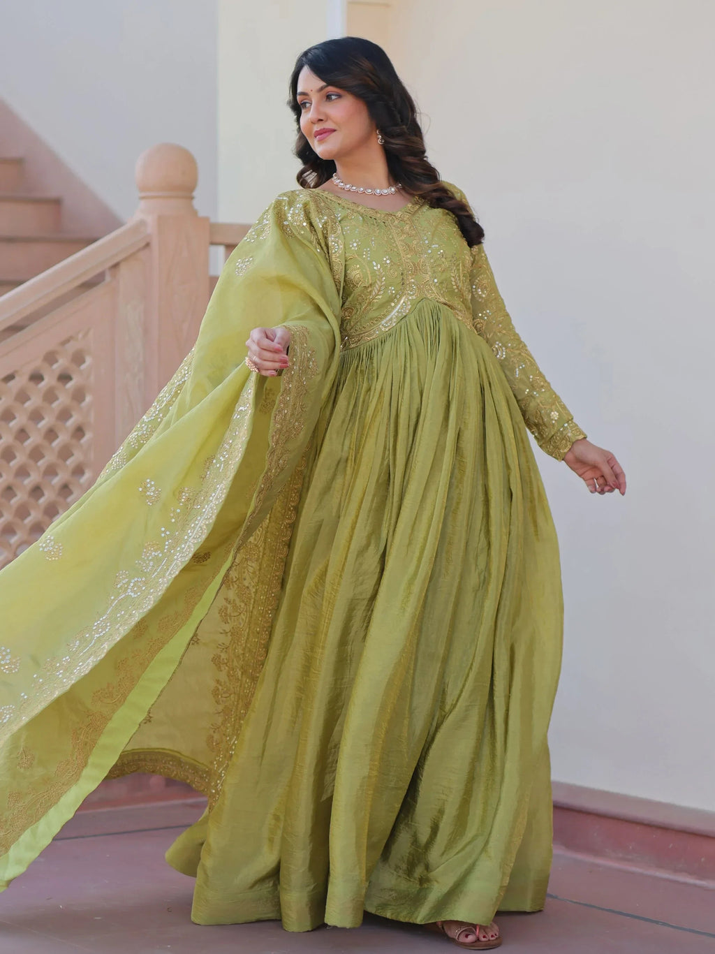 Green Mesmerizing Organza Sequins Wedding Wear Gown With Dupatta