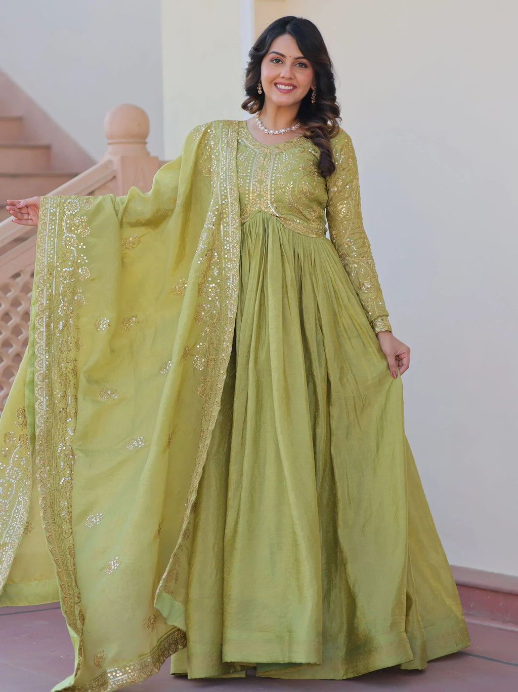 Green Mesmerizing Organza Sequins Wedding Wear Gown With Dupatta