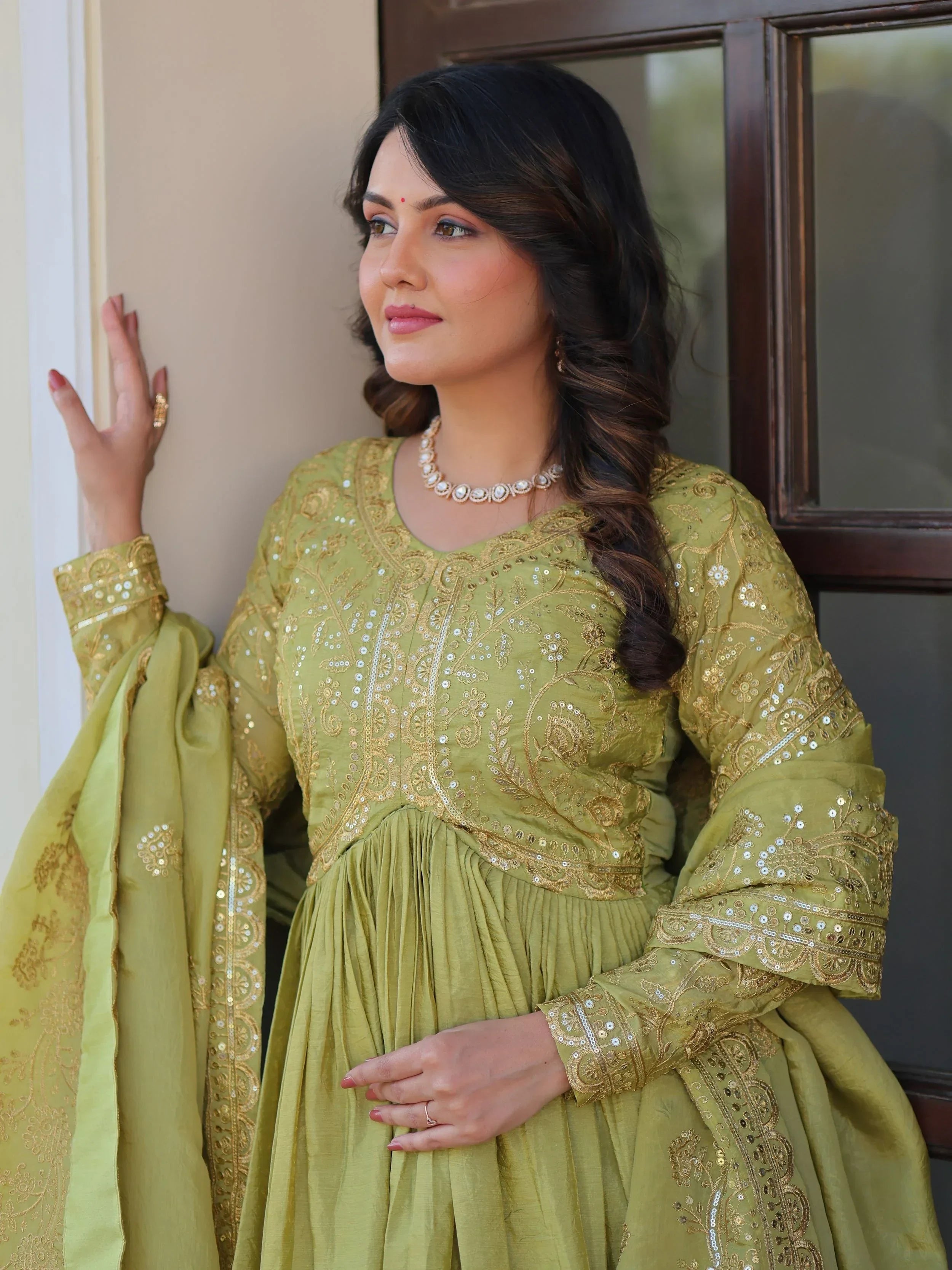 Green Mesmerizing Organza Sequins Wedding Wear Gown With Dupatta