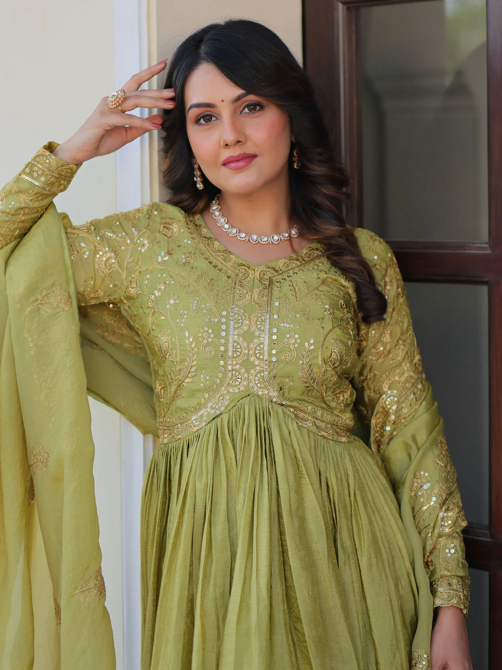 Green Mesmerizing Organza Sequins Wedding Wear Gown With Dupatta