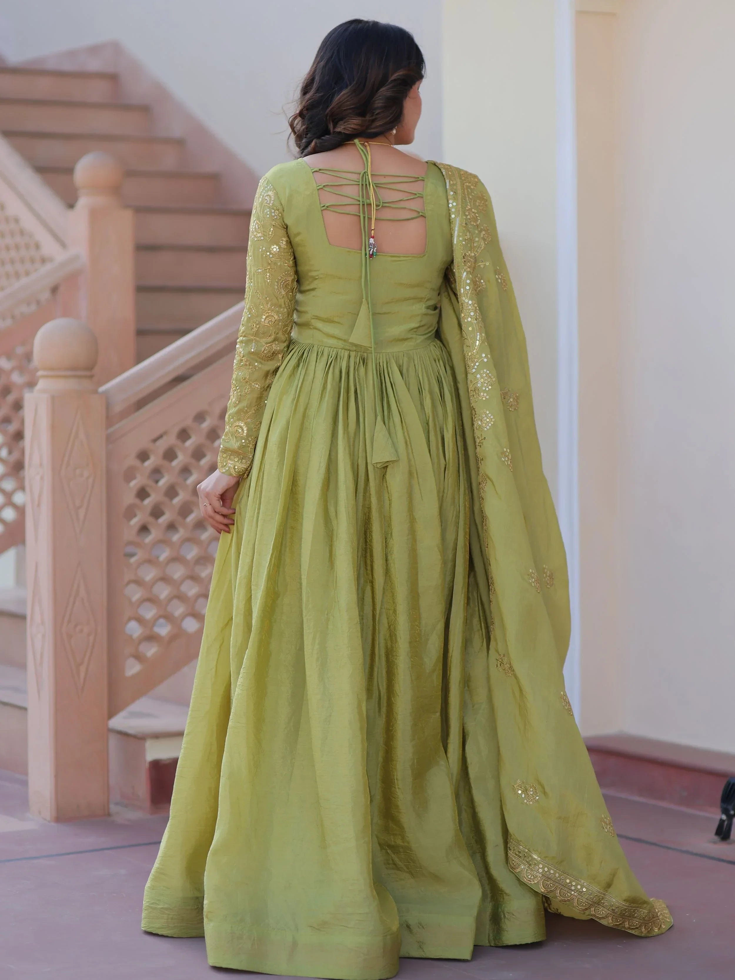 Green Mesmerizing Organza Sequins Wedding Wear Gown With Dupatta