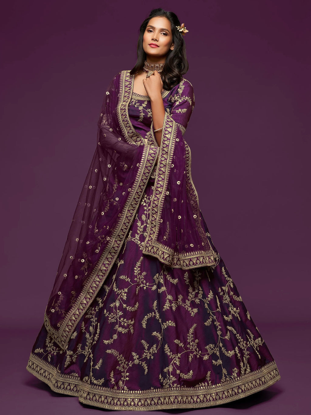 Graceful Purple Embroidered Silk Function Wear Plus Size Lehenga Choli