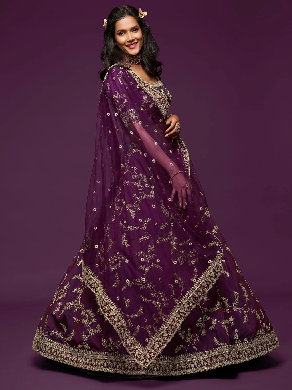 Graceful Purple Embroidered Silk Function Wear Plus Size Lehenga Choli
