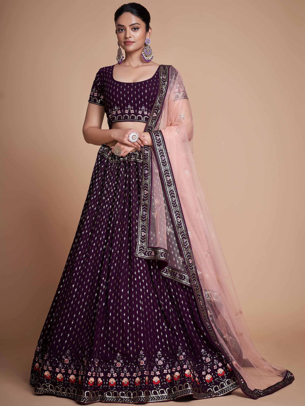 Glamorous Wine Sequins Georgette Bridesmaid Plus Size Lehenga Choli