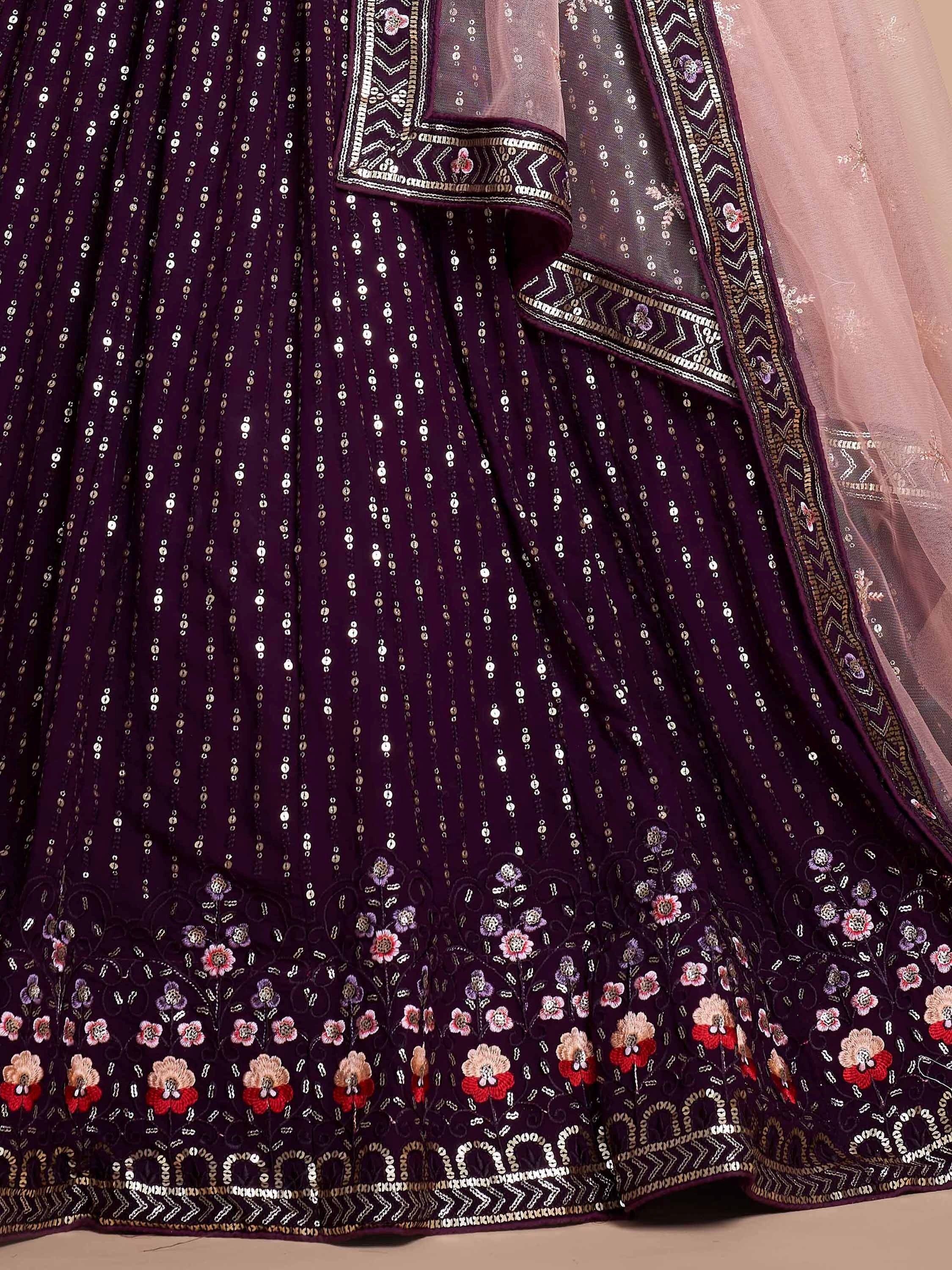 Glamorous Wine Sequins Georgette Bridesmaid Plus Size Lehenga Choli