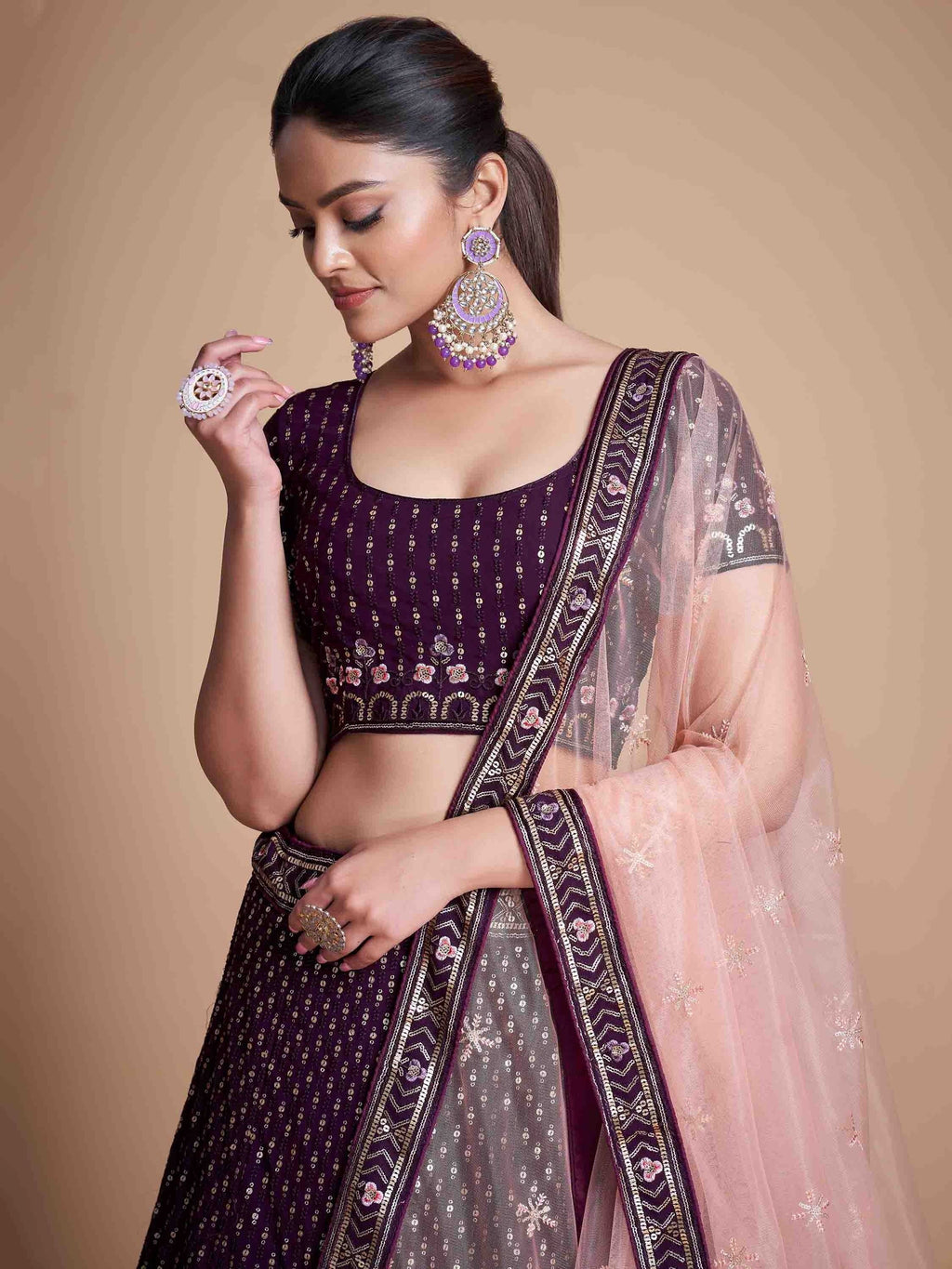Glamorous Wine Sequins Georgette Bridesmaid Plus Size Lehenga Choli