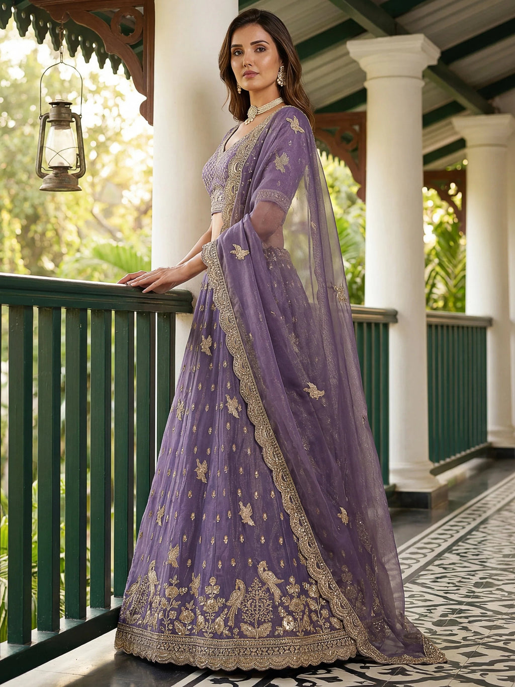 Purple Rich Diamond Work Organza Mehendi Wear Lehenga Choli