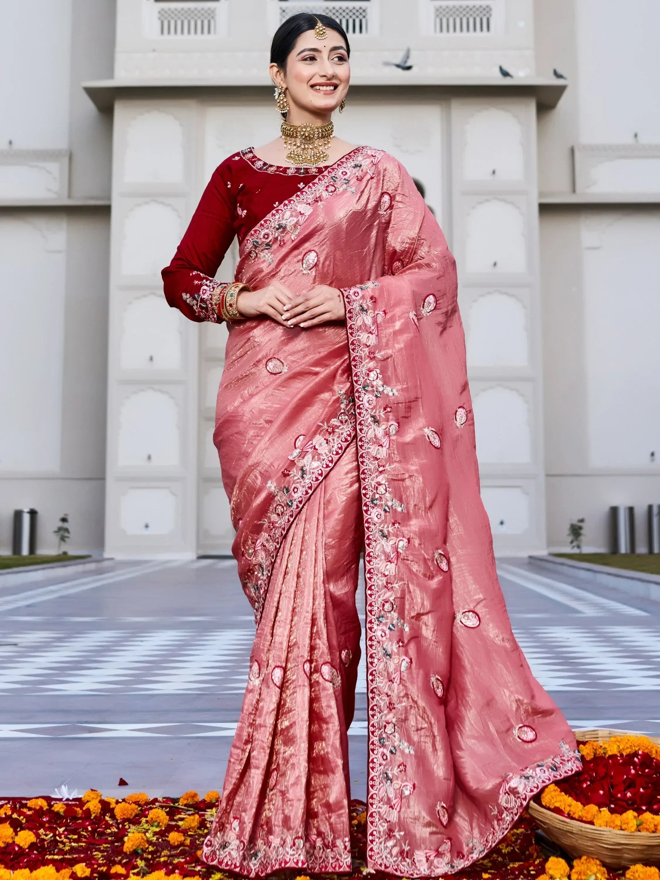 Pink Graceful Thread Embroidered Silk Wedding Wear Saree With Blouse