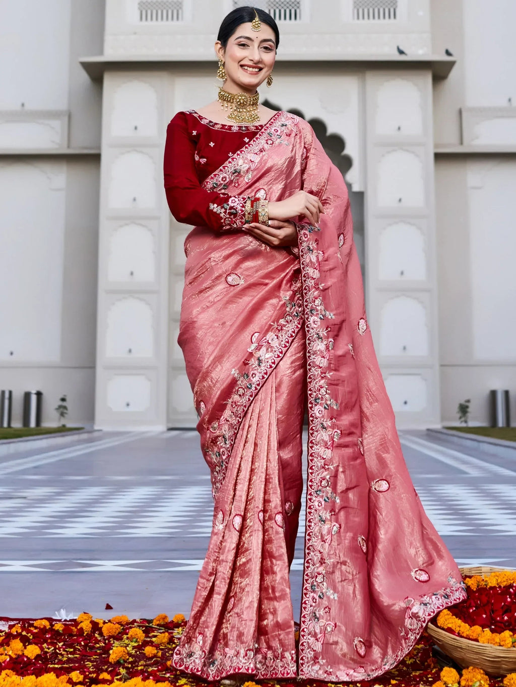 Pink Graceful Thread Embroidered Silk Wedding Wear Saree With Blouse