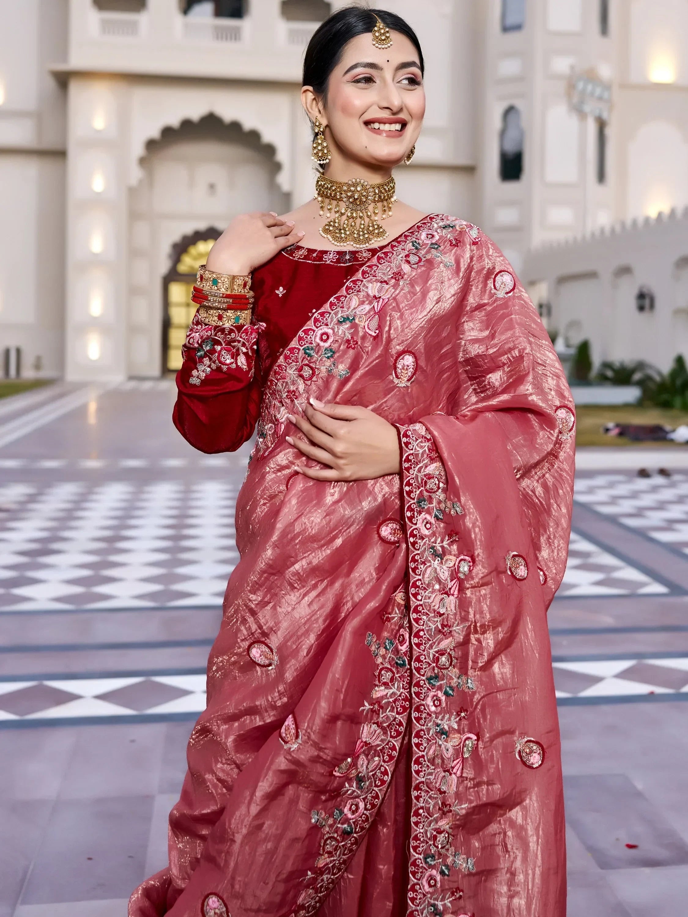 Pink Graceful Thread Embroidered Silk Wedding Wear Saree With Blouse