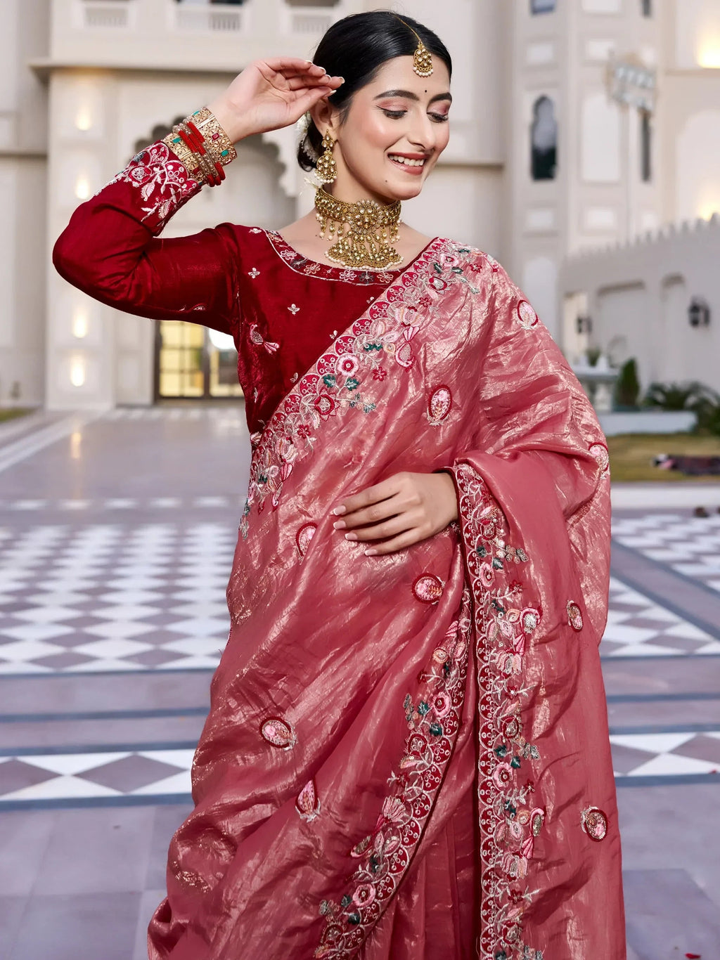 Pink Graceful Thread Embroidered Silk Wedding Wear Saree With Blouse