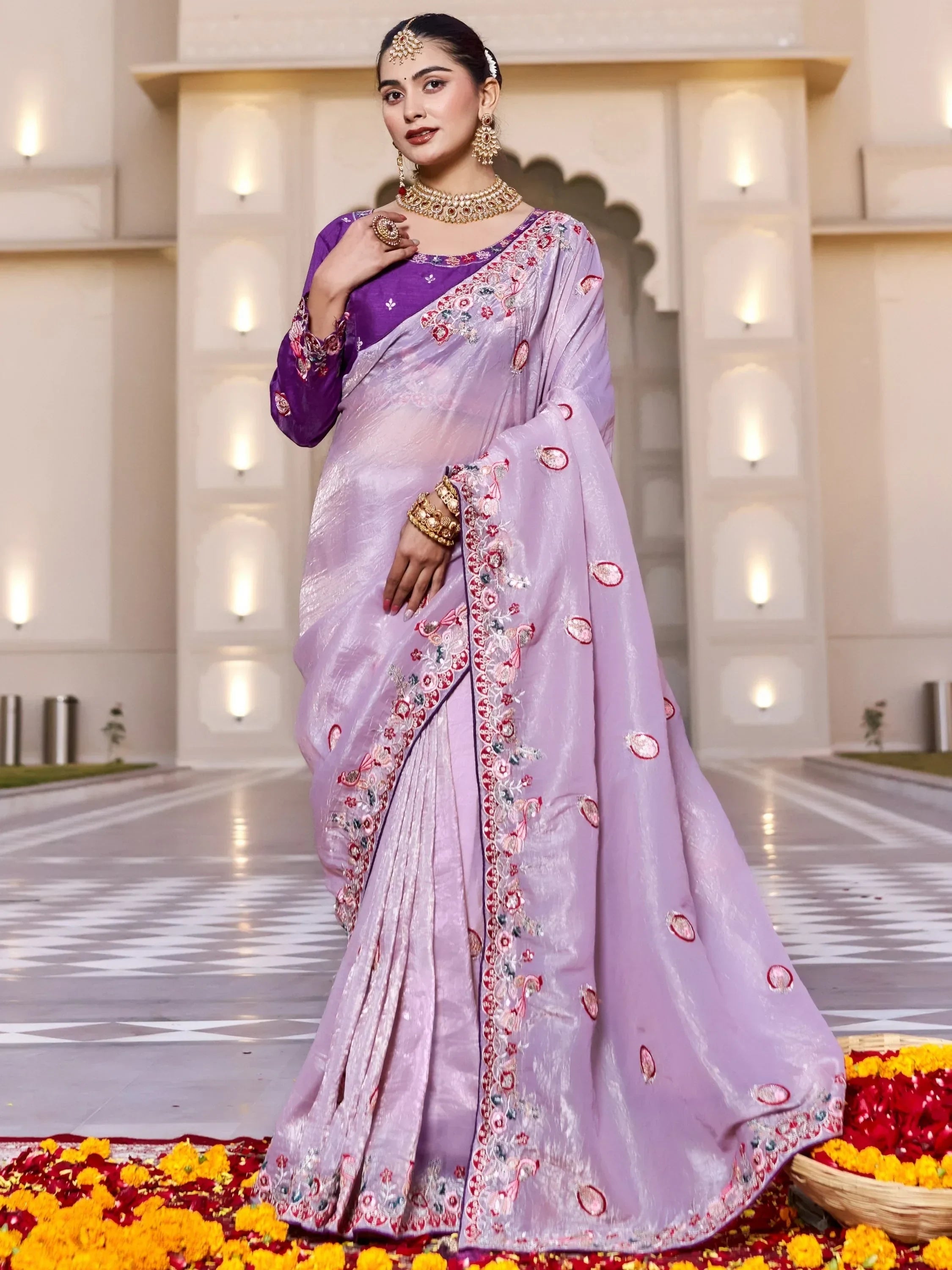 Lavender Graceful Thread Embroidered Silk Wedding Wear Saree With Blouse