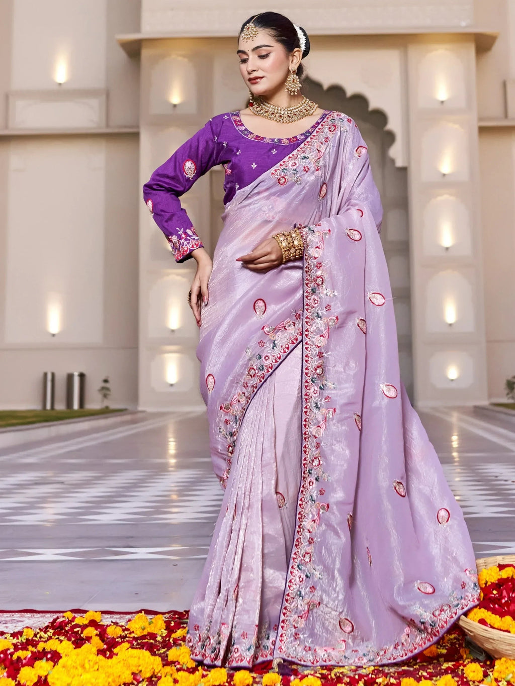 Lavender Graceful Thread Embroidered Silk Wedding Wear Saree With Blouse