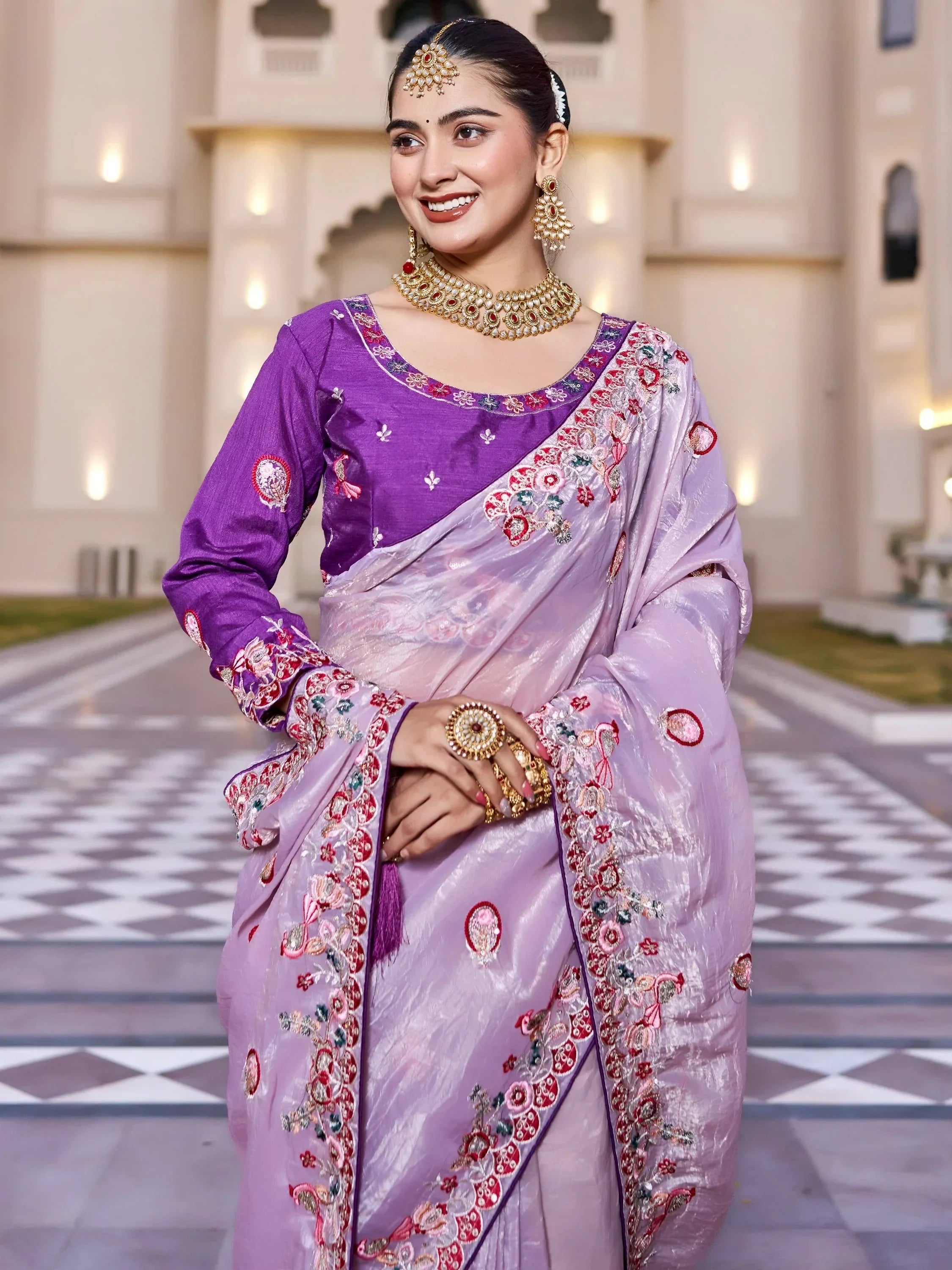 Lavender Graceful Thread Embroidered Silk Wedding Wear Saree With Blouse