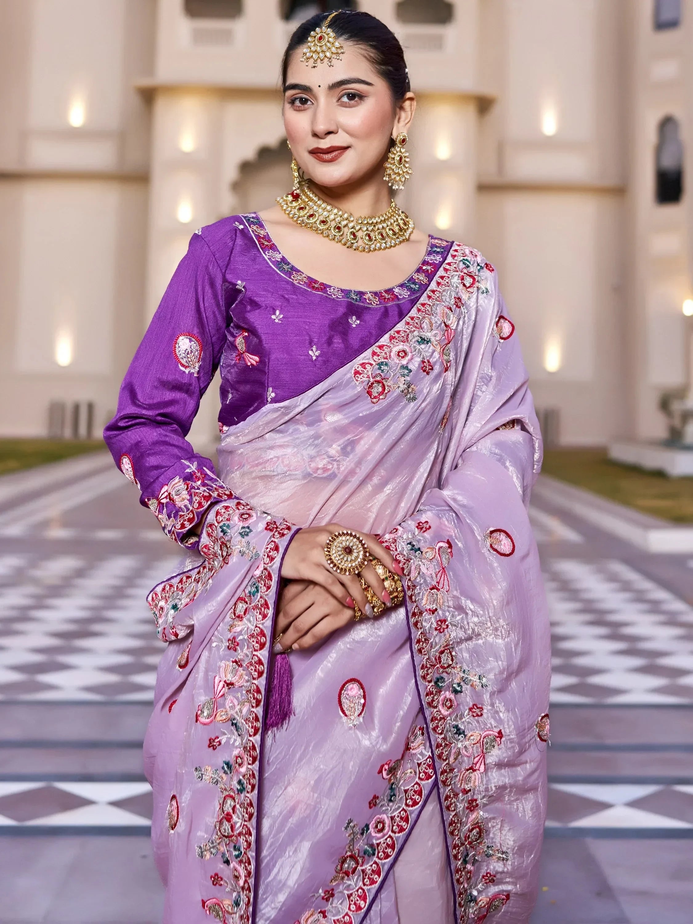Lavender Graceful Thread Embroidered Silk Wedding Wear Saree With Blouse