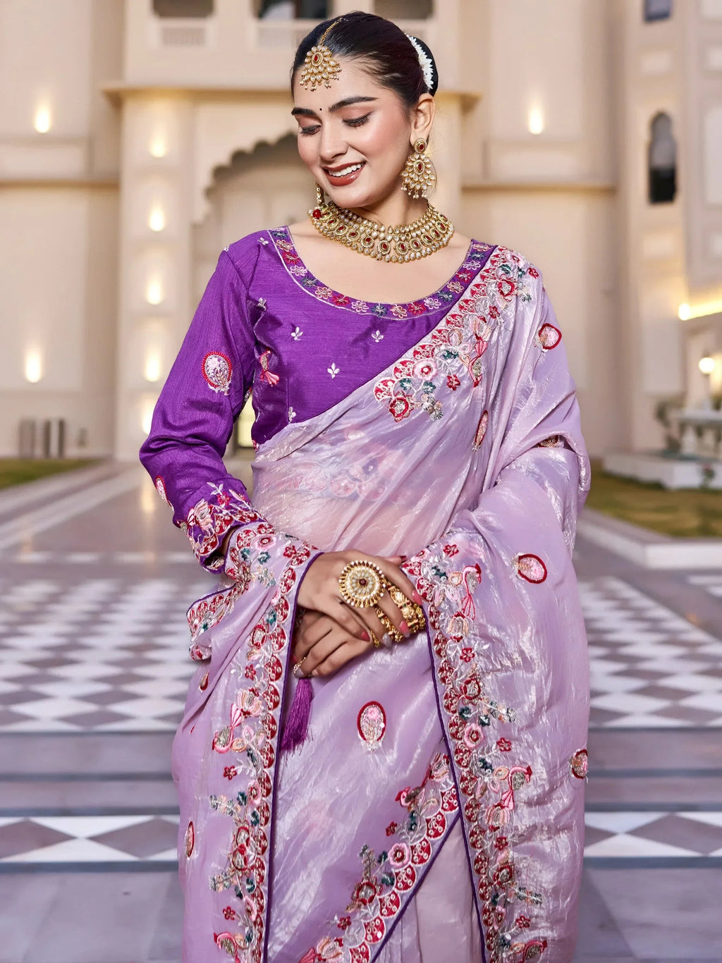 Lavender Graceful Thread Embroidered Silk Wedding Wear Saree With Blouse