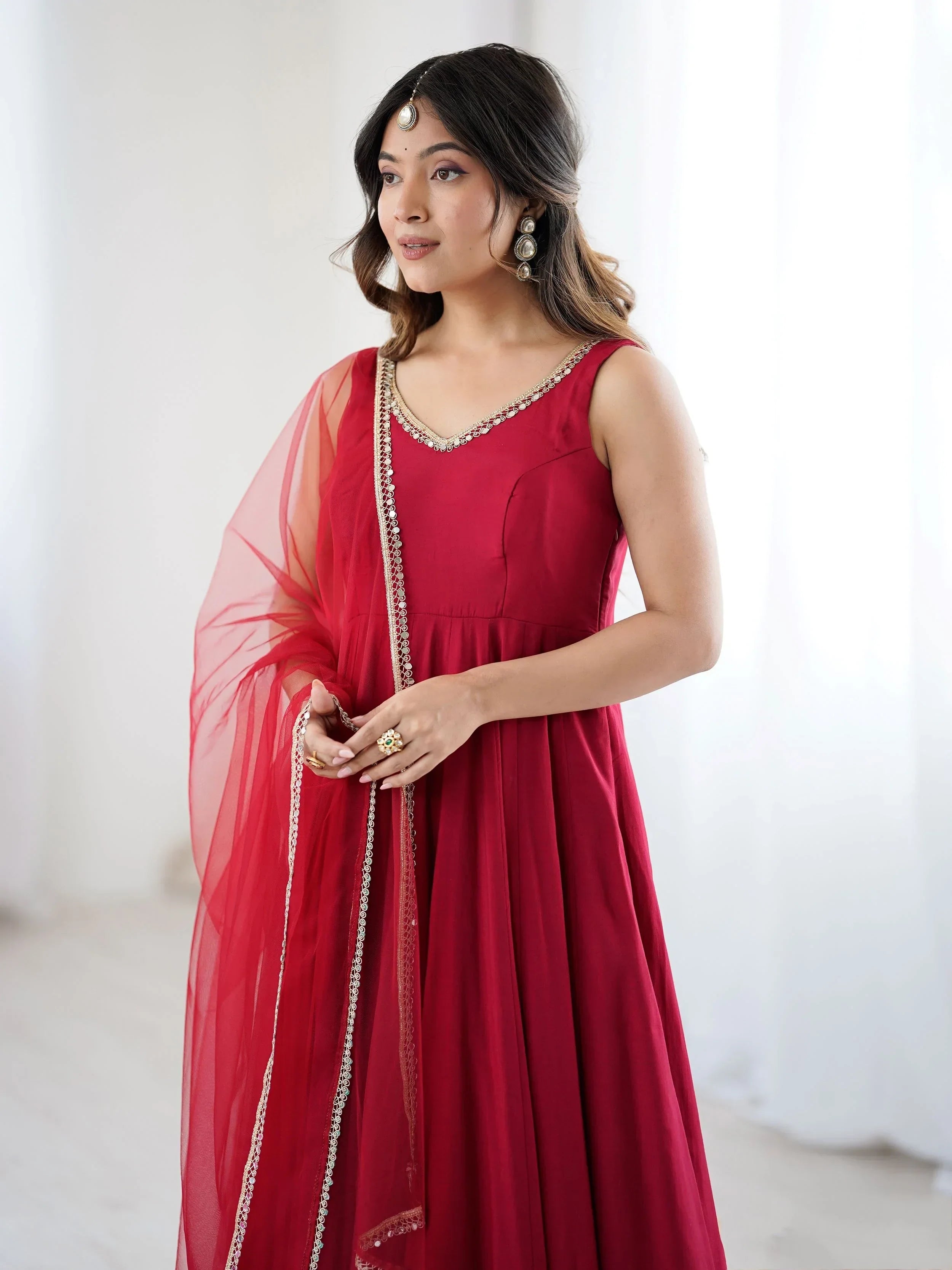 Red Mesmerizing Chanderi Silk Lace Work Anarkali Suit