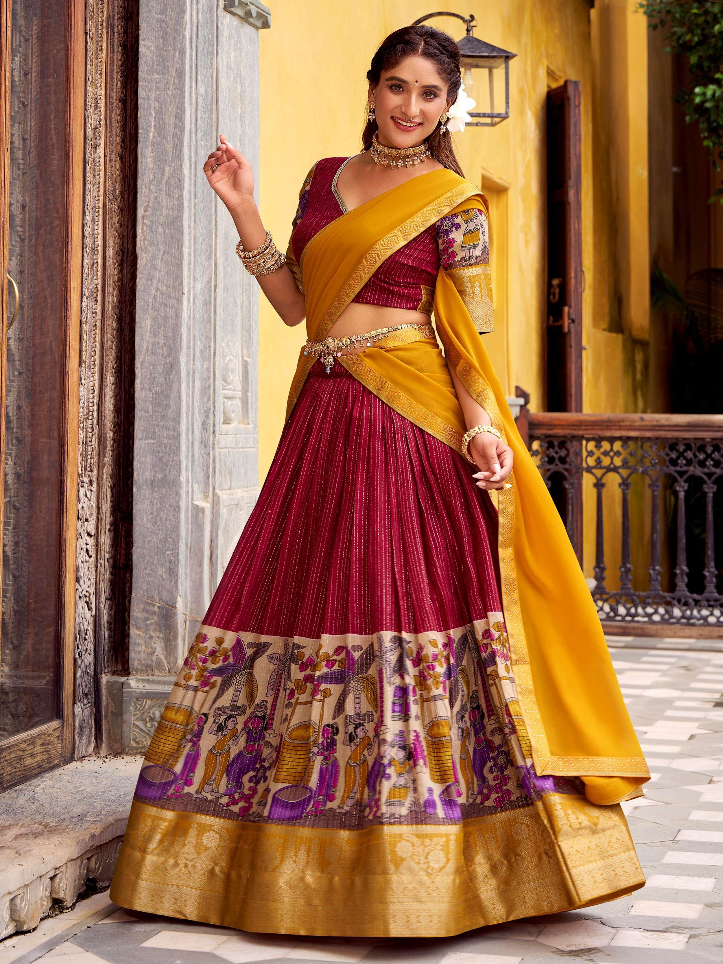 Red Desirable Chanderi Silk Kalamkari Printed Half Saree Lehenga