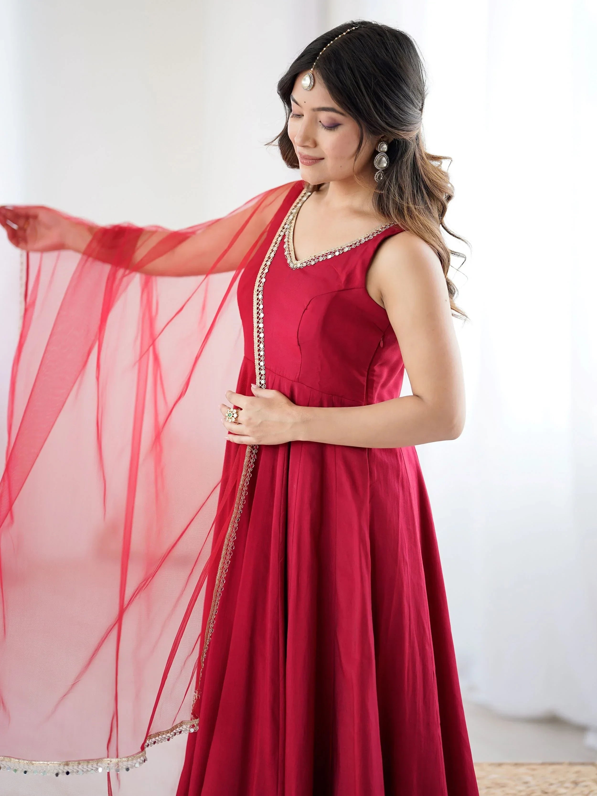 Red Mesmerizing Chanderi Silk Lace Work Anarkali Suit