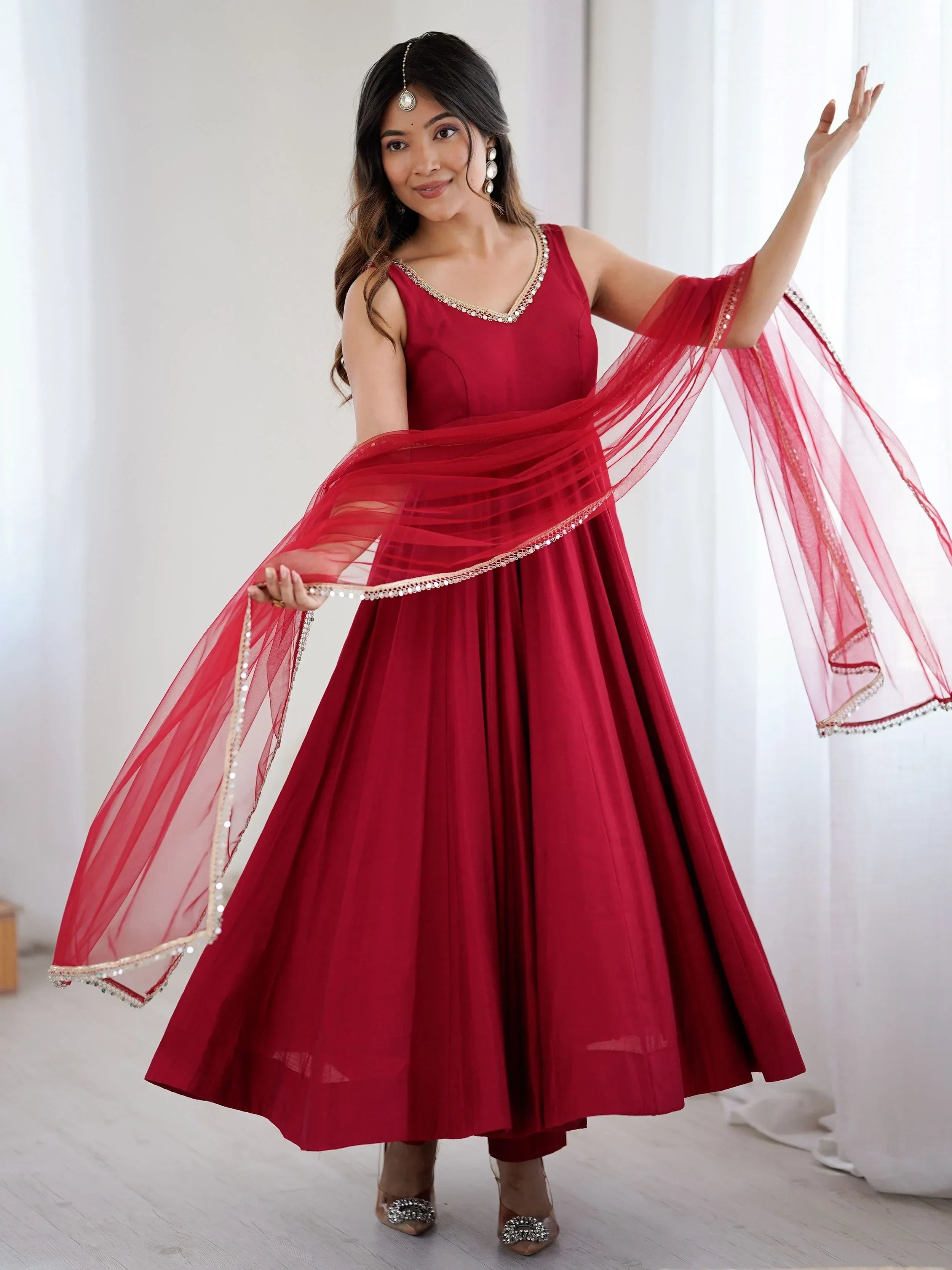 Red Mesmerizing Chanderi Silk Lace Work Anarkali Suit