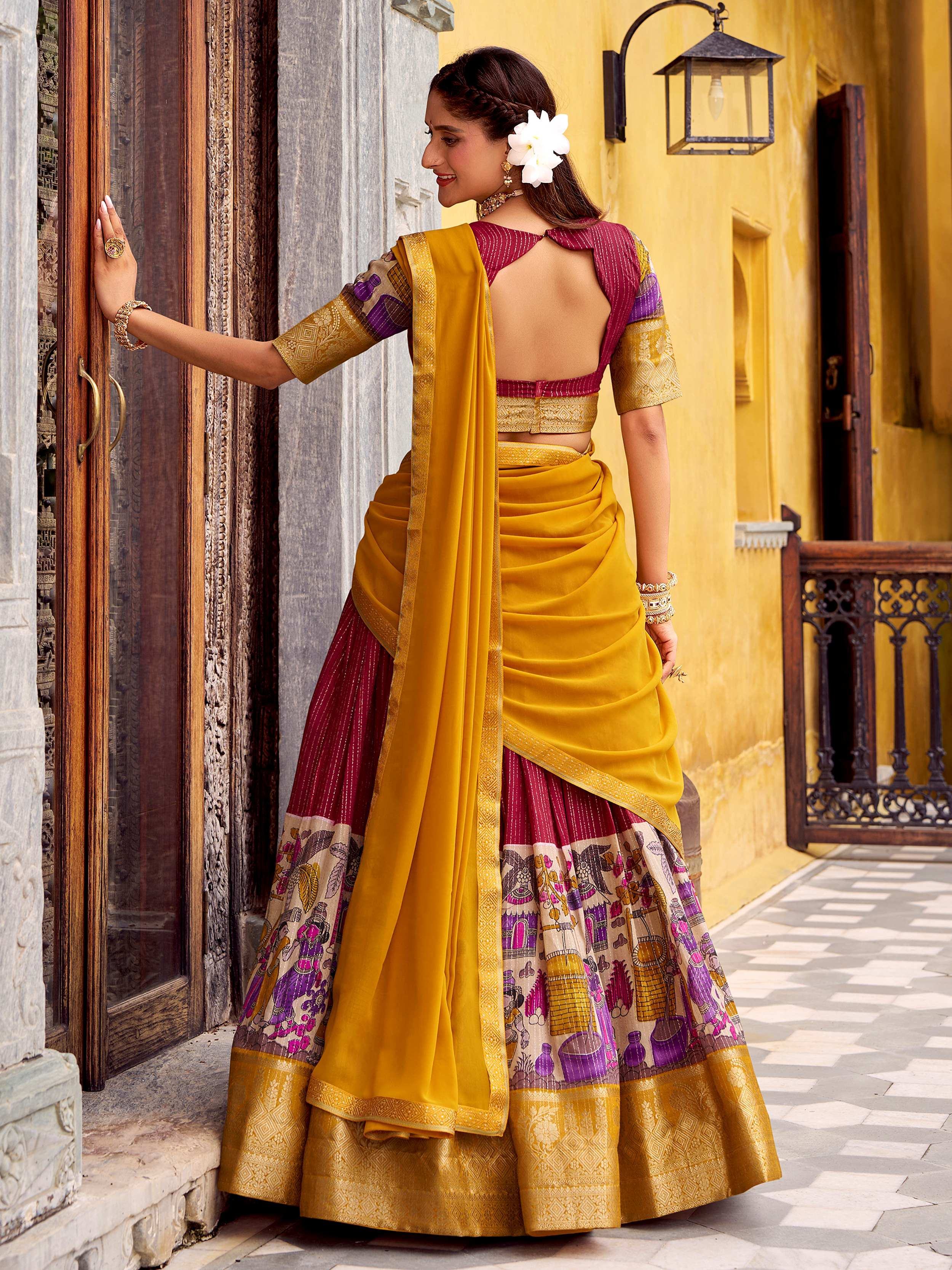 Red Desirable Chanderi Silk Kalamkari Printed Half Saree Lehenga