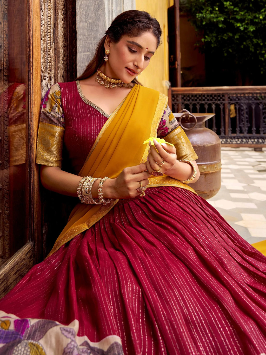 Red Desirable Chanderi Silk Kalamkari Printed Half Saree Lehenga