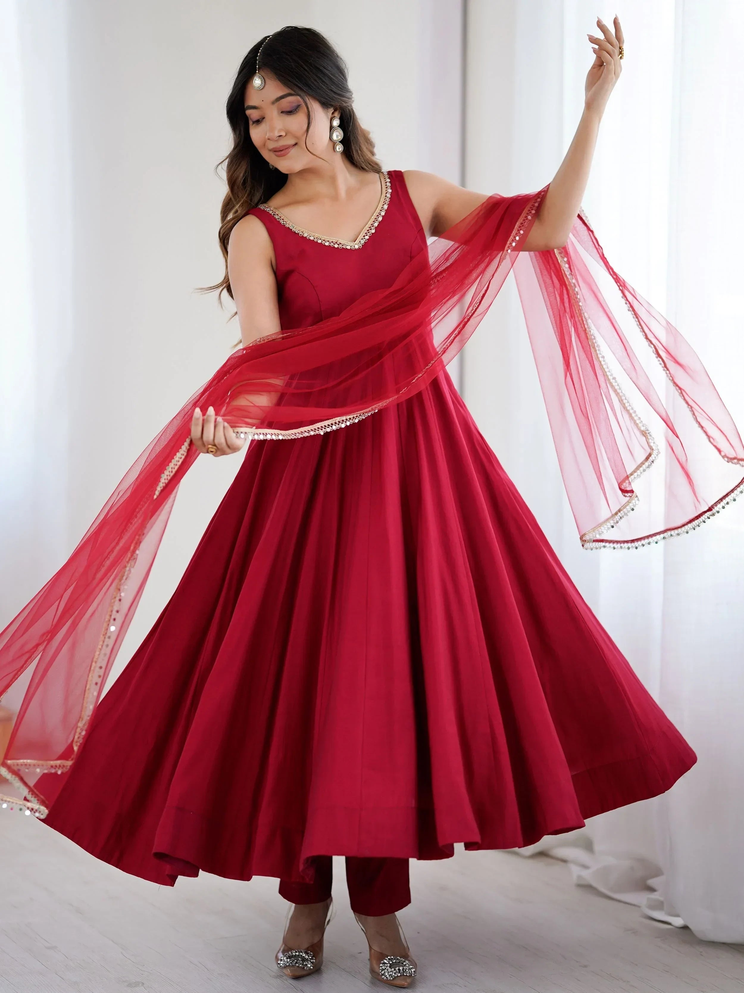 Red Mesmerizing Chanderi Silk Lace Work Anarkali Suit