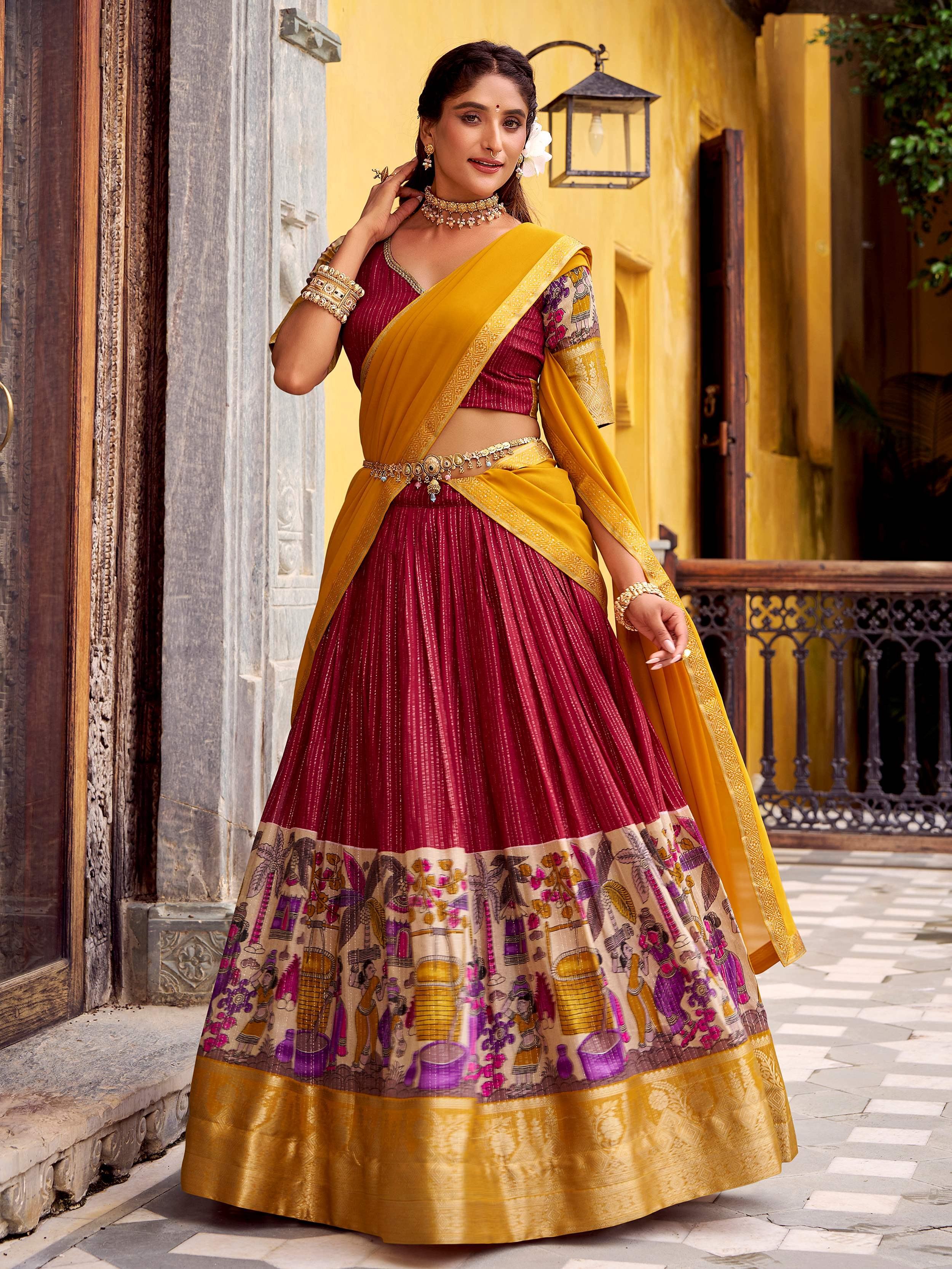 Red Desirable Chanderi Silk Kalamkari Printed Half Saree Lehenga