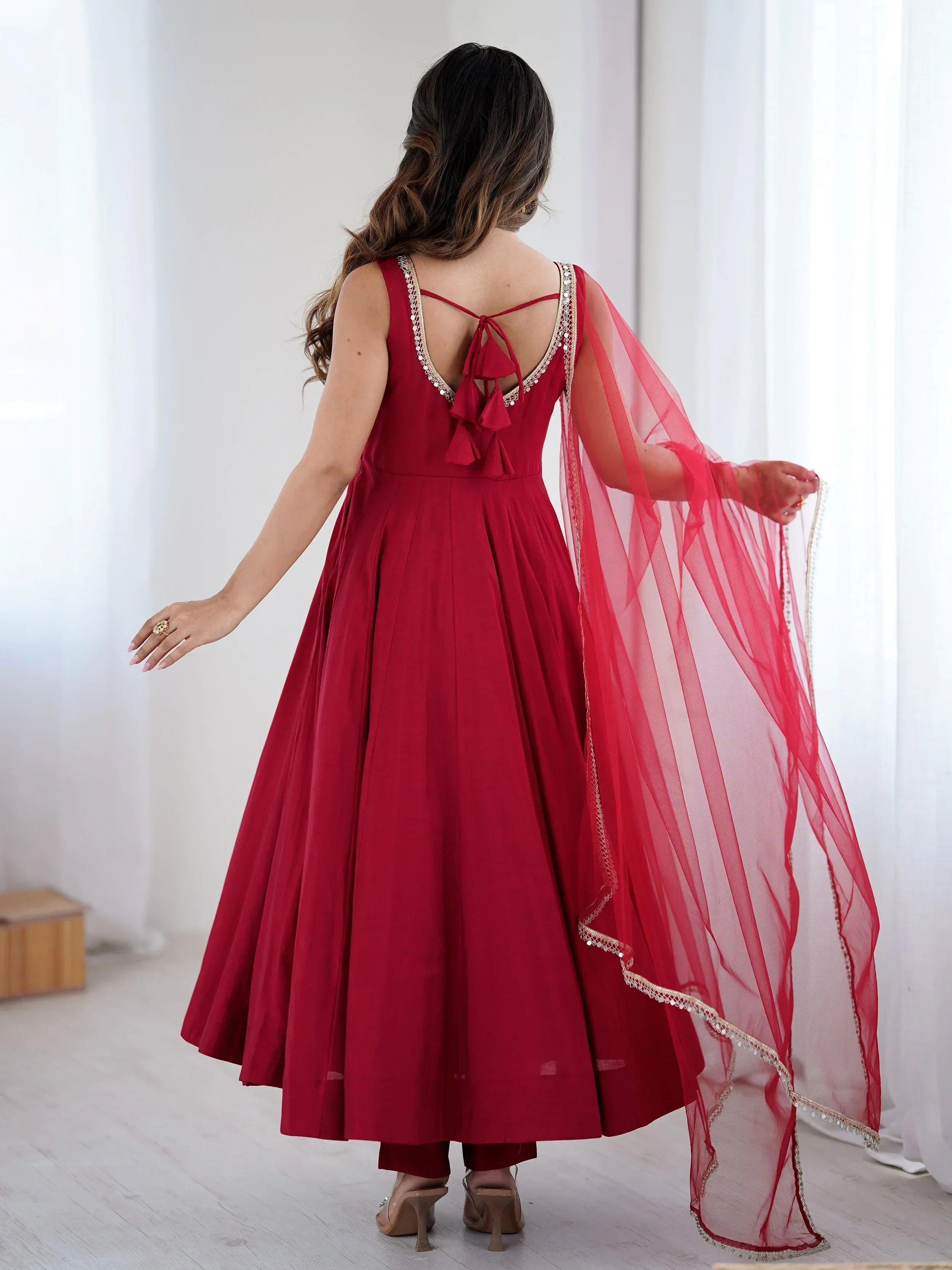 Red Mesmerizing Chanderi Silk Lace Work Anarkali Suit
