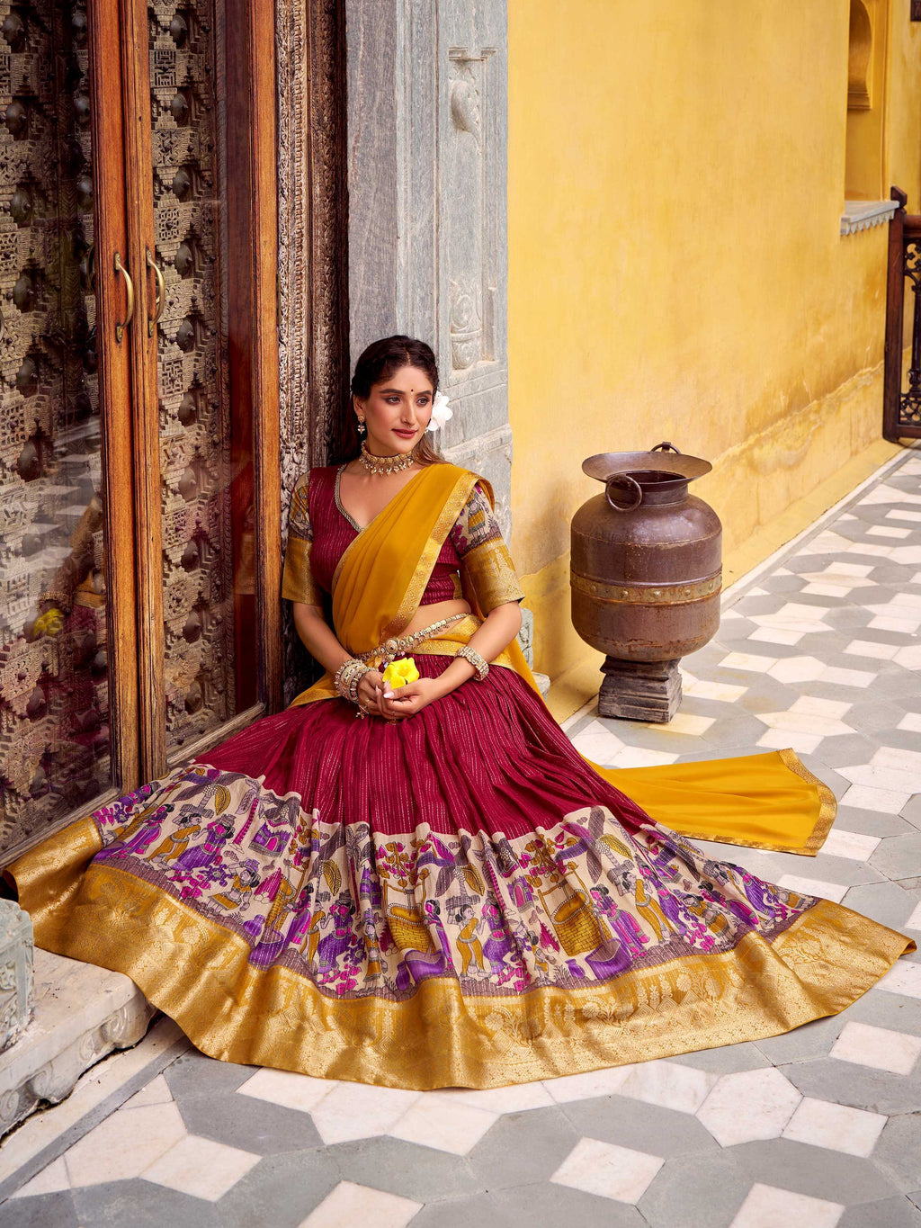 Red Desirable Chanderi Silk Kalamkari Printed Half Saree Lehenga