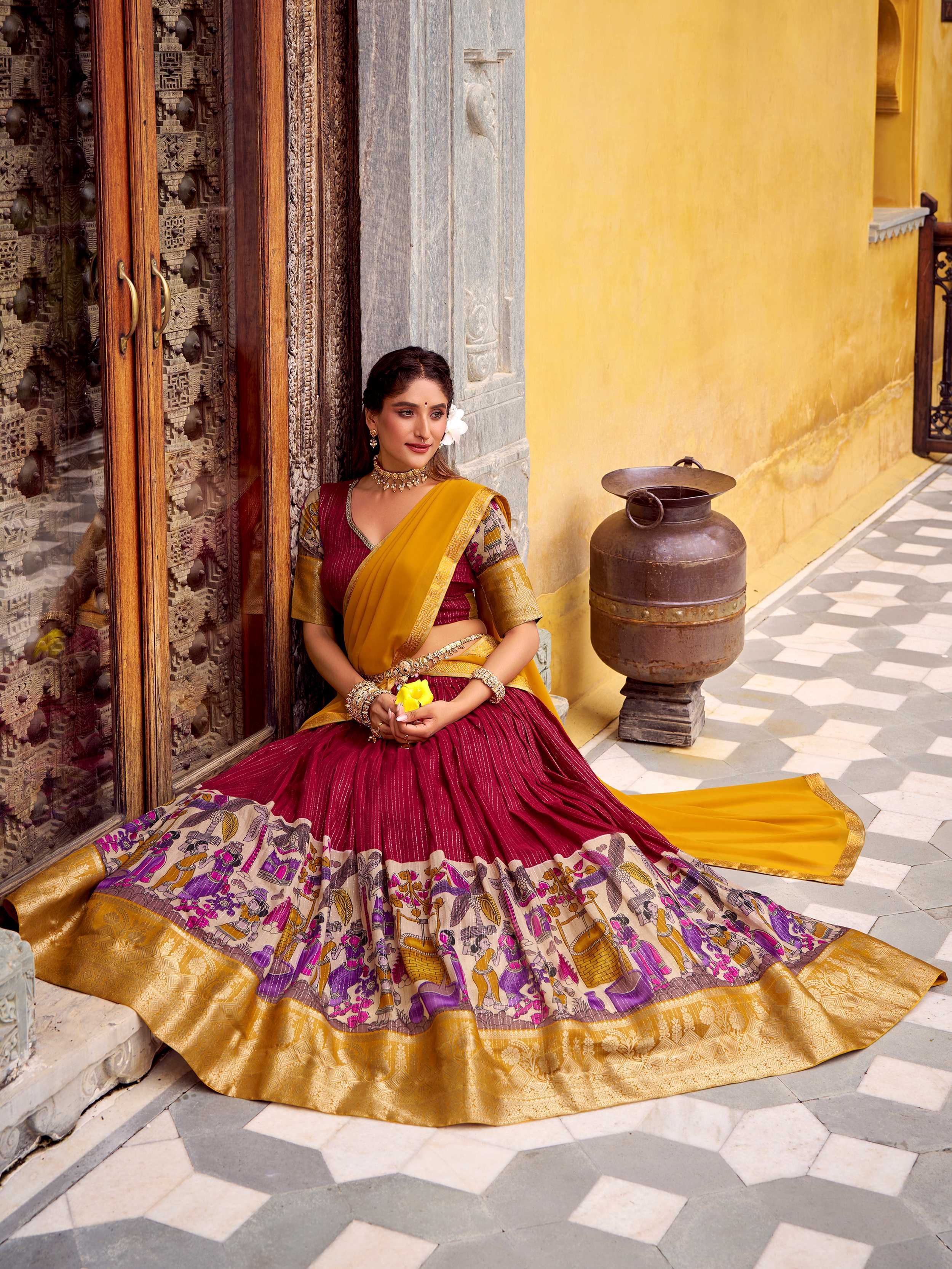 Red Desirable Chanderi Silk Kalamkari Printed Half Saree Lehenga