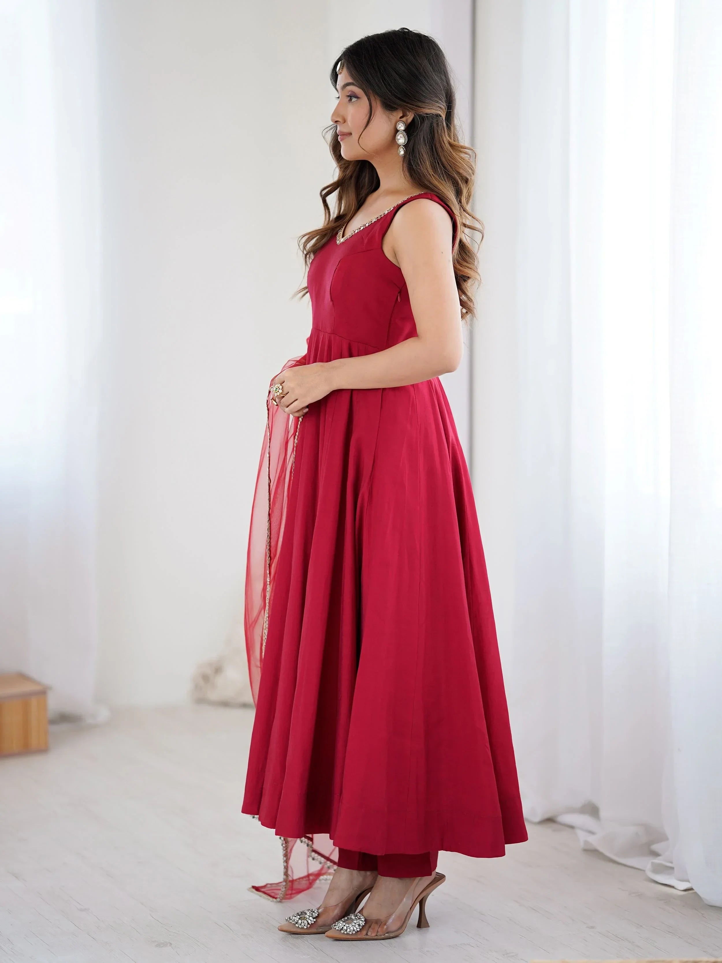 Red Mesmerizing Chanderi Silk Lace Work Anarkali Suit