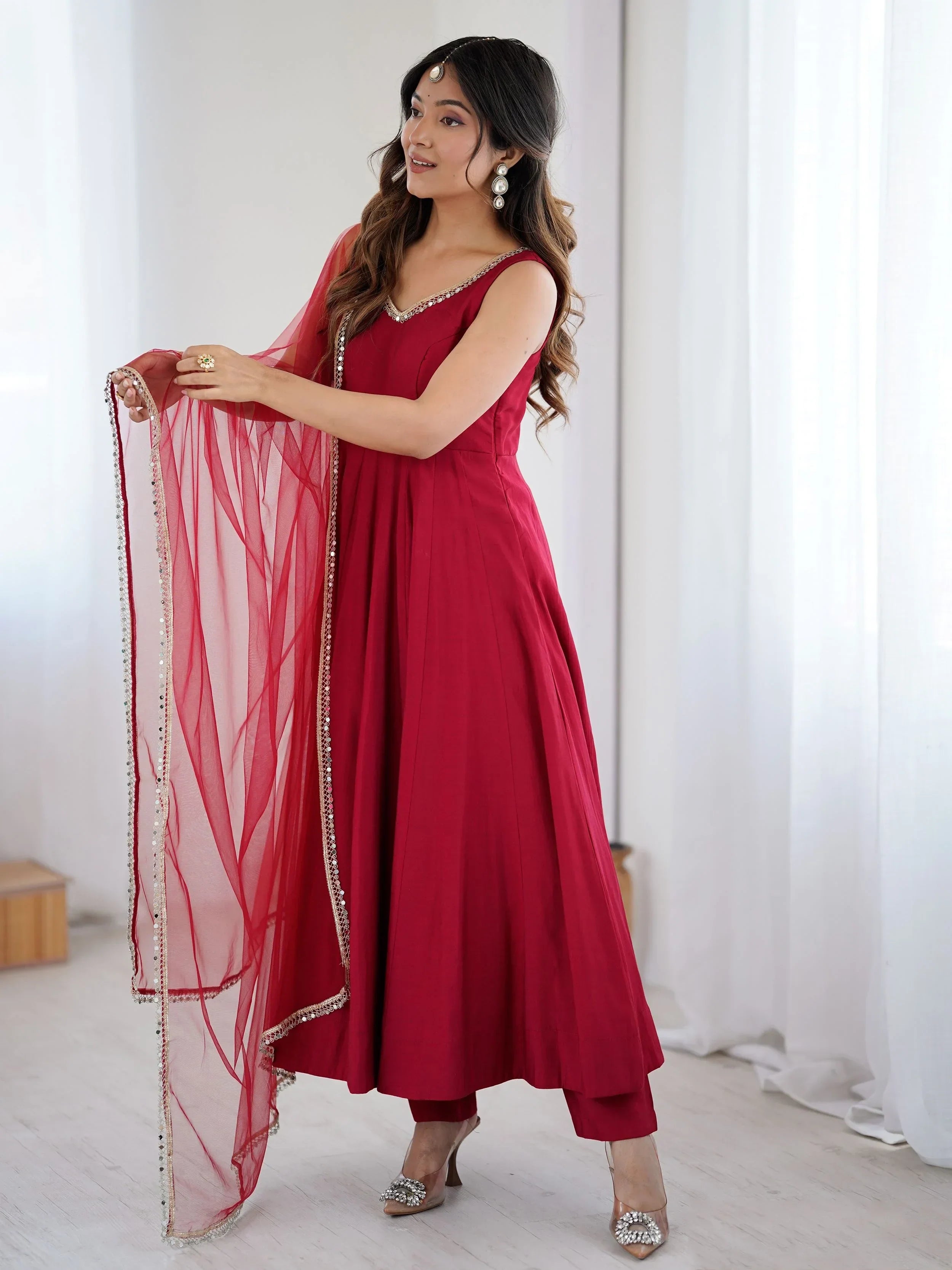 Red Mesmerizing Chanderi Silk Lace Work Anarkali Suit
