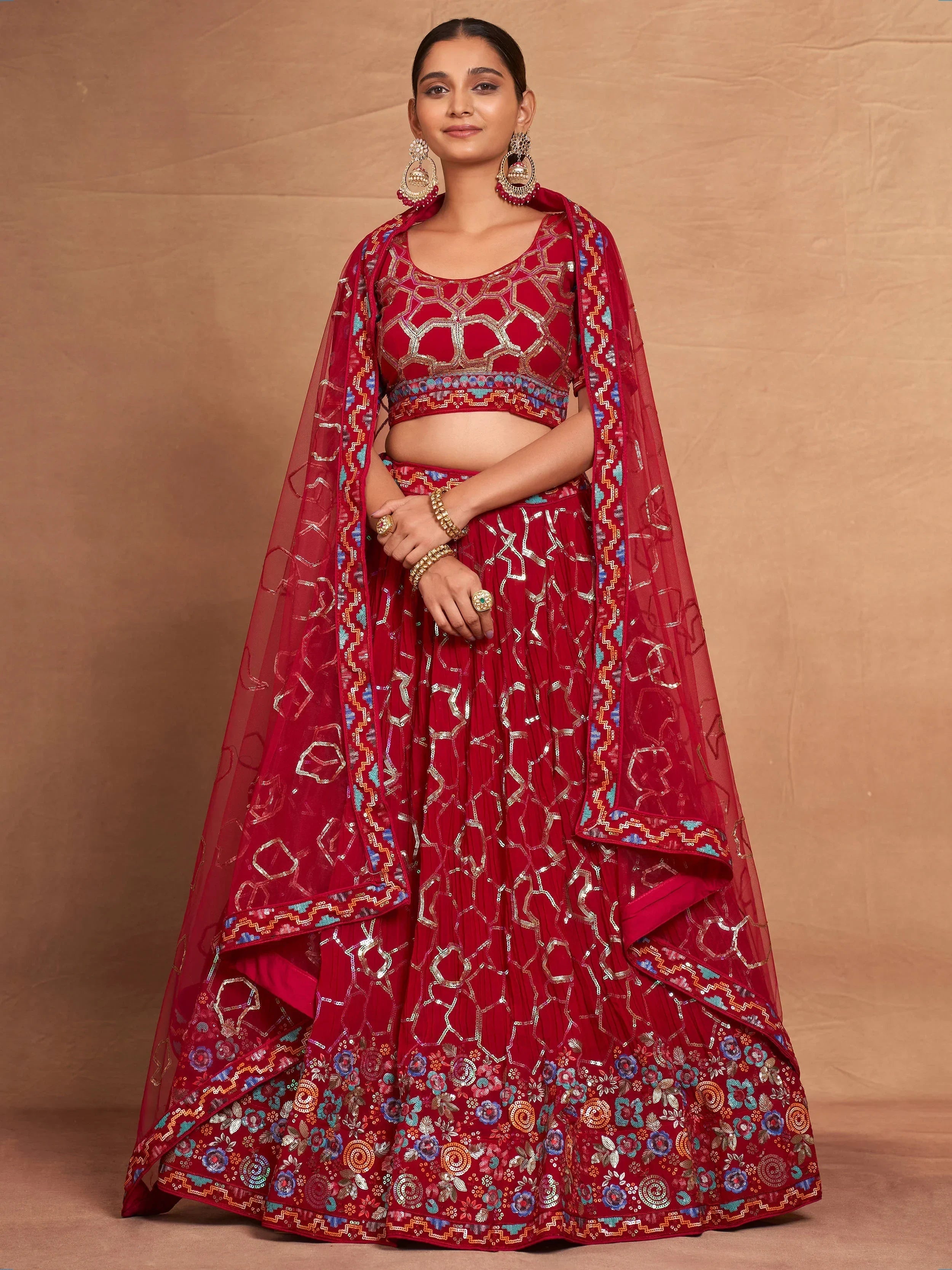Bewitching Red Sequins Georgette Wedding Wear Lehenga Choli
