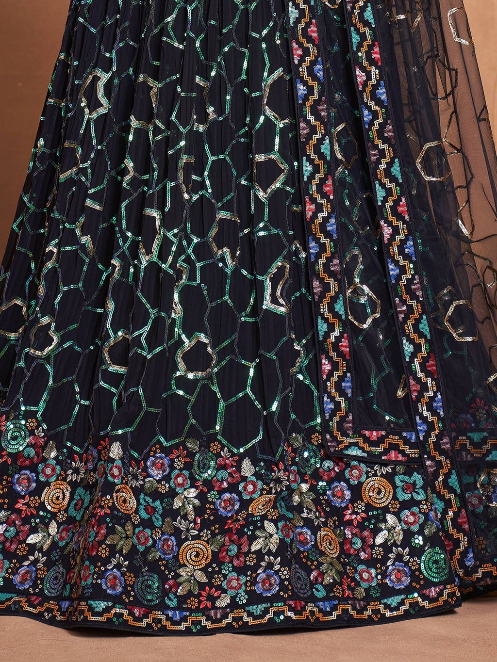 Captivating Navy Blue Sequins Georgette Lehenga Choli With Dupatta