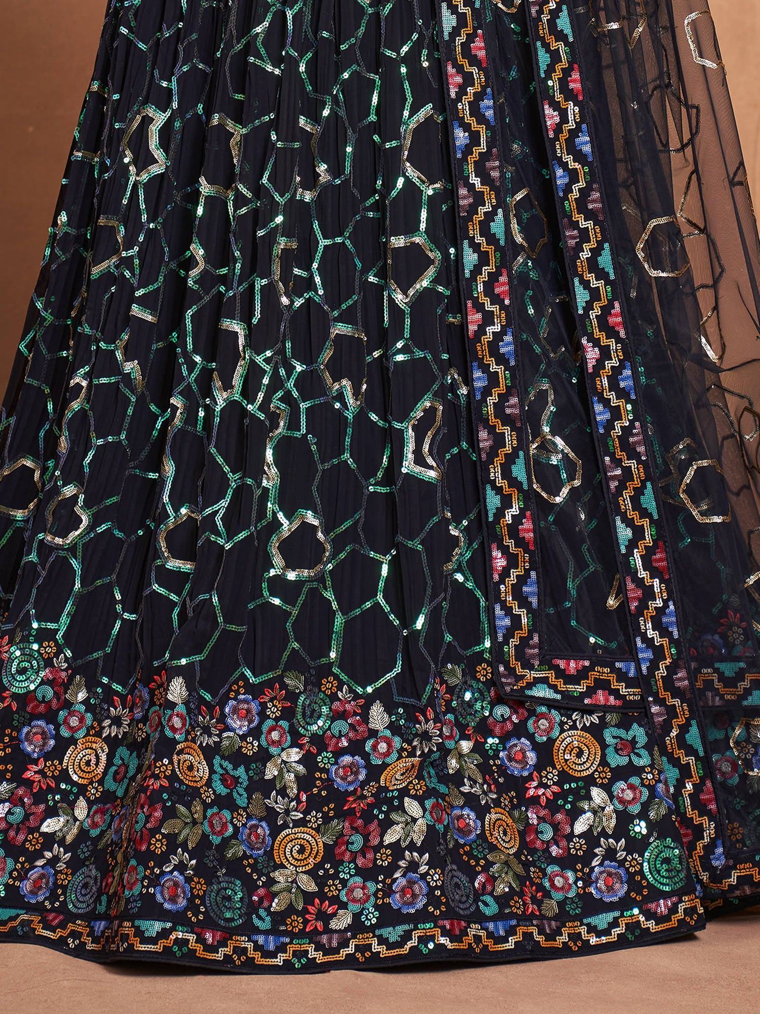 Captivating Navy Blue Sequins Georgette Lehenga Choli With Dupatta