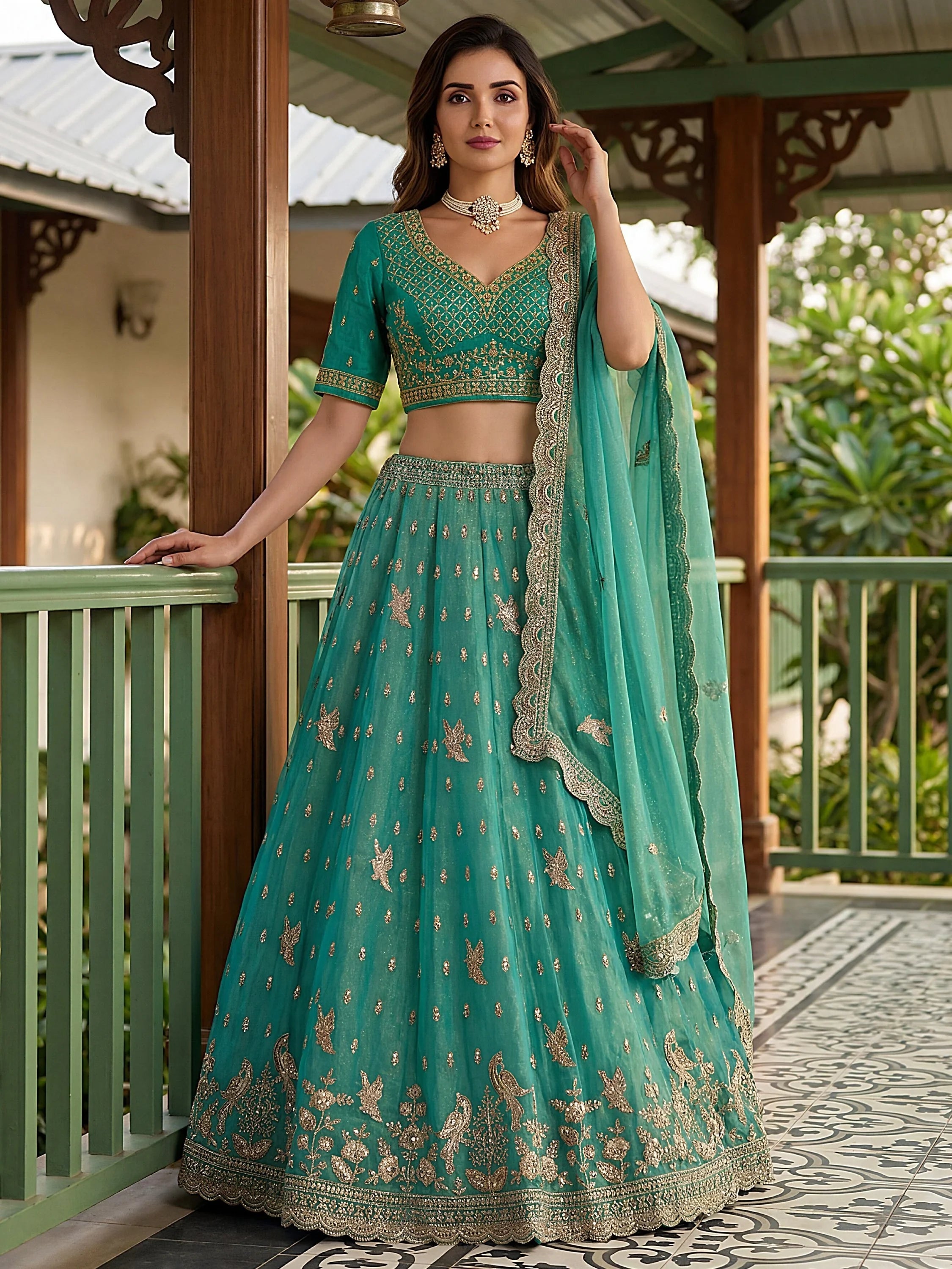 Sea Green Rich Diamond Work Organza Mehendi Wear Lehenga Choli