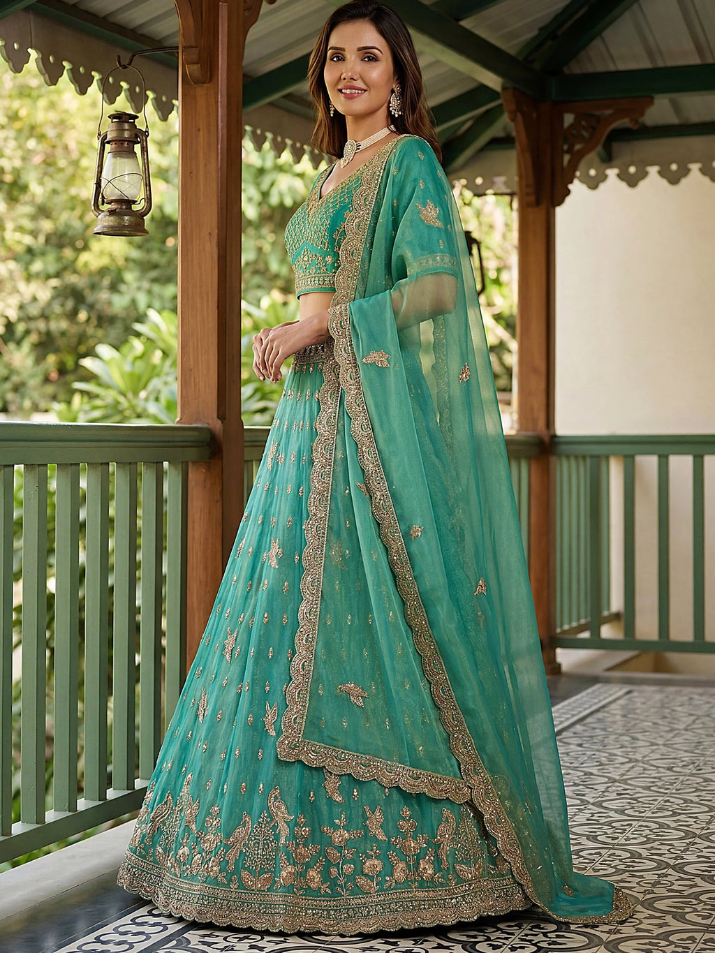 Sea Green Rich Diamond Work Organza Mehendi Wear Lehenga Choli